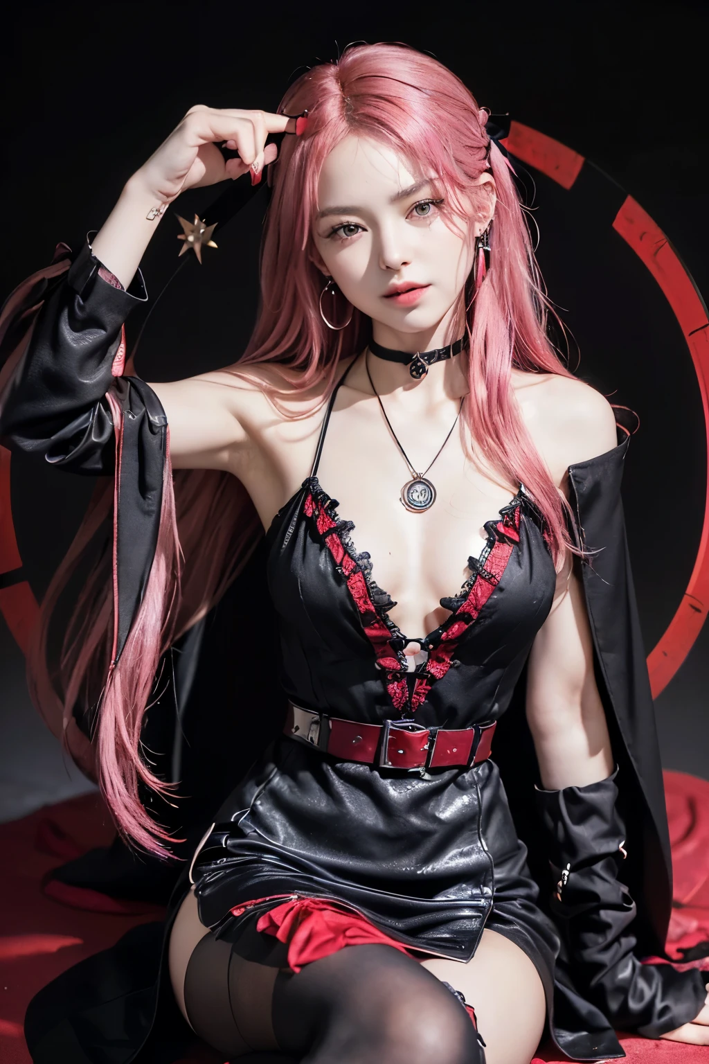 (8K, top-quality, masterpiece:1.2), (reallistic, Photorealsitic:1.37), Super Detail, One girl, (Highly detailed), (beautifully detailed eyes), (of the highest quality), (super detailed), (masterpiece), (Detailed face), 20yr old, 1 girl, (pink hair, long hair), medium breasts, clothed, Perfect Lighting, BREAK, (red and black contrast:1.3), (light and flexible material:1.4), (black long coat with red lines:1.5), (red sleeveless dress with black ribbon:1.5), (black tights:1.4), (black boots with metal ornaments:1.4), (black gloves:1.3), (black choker:1.3), (red earrings:1.3), (pendant magic circuit:1.4), (belt with pouches:1.4), (frills and lace:1.3), BRAKE, (upper body to ankles:1.3), (hair behind shoulders:1.4), (eyes wide open:1.4), (slight smile:1.3), (eyebrows slightly lowered:1.3), (cheeks slightly red:1.3), (right hand holding pendant:1.5), (left hand drawing magic circle:1.5), (both hands forward:1.4), (feet shoulder-width apart:1.3), (slightly leaning forward:1.3), (back straight:1.4), (chest out:1.3), (head slightly tilted left:1.3), (looking at camera:1.4), (dark background:1.3), (magic light around her:1.5), (light color red or white:1.4), (light intensity moderate:1.3)