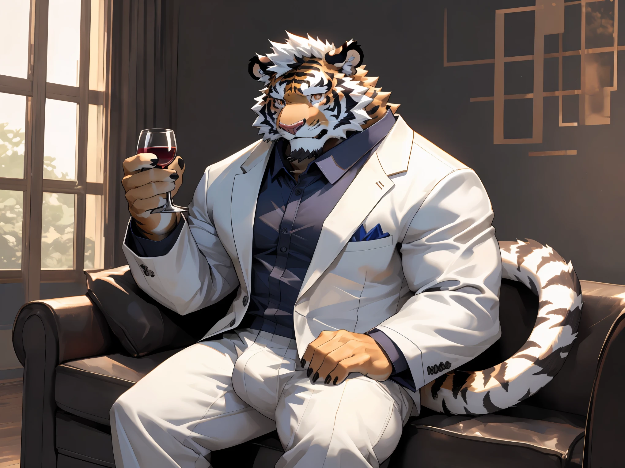 (disney),anime character with tiger, tiger_beast, Firmware version, high resolution committee, ((tiger)), gigachad muscular, muscular!!, only, anthropomorphic tiger, muscular character, Kushat Konzi, super detailed!!, muscular!!, beefy, body committee, Full body details are very rich,16k,(Full white suit body:1.4),(The two eyes are not the same color，Pupils of different colors:1.5),HD,(colored hair,Eyebrow:1.5),(High cold posture:1.5),(Sitting on the sofa:1.3),(Cold eyes:1.5),(dick:1.5),solo,Sitting on the sofa,(Facial detail drawing:1.5),(white tiger tail),(white face pattern),(front view),(Modern villa background:1.3),(living room:1.3),(Perfect body proportions:1.6),(back wall window:1.3),(Holding a wine glass in his hand),(Proud eyes),(cold corners of mouth),(looking at you)