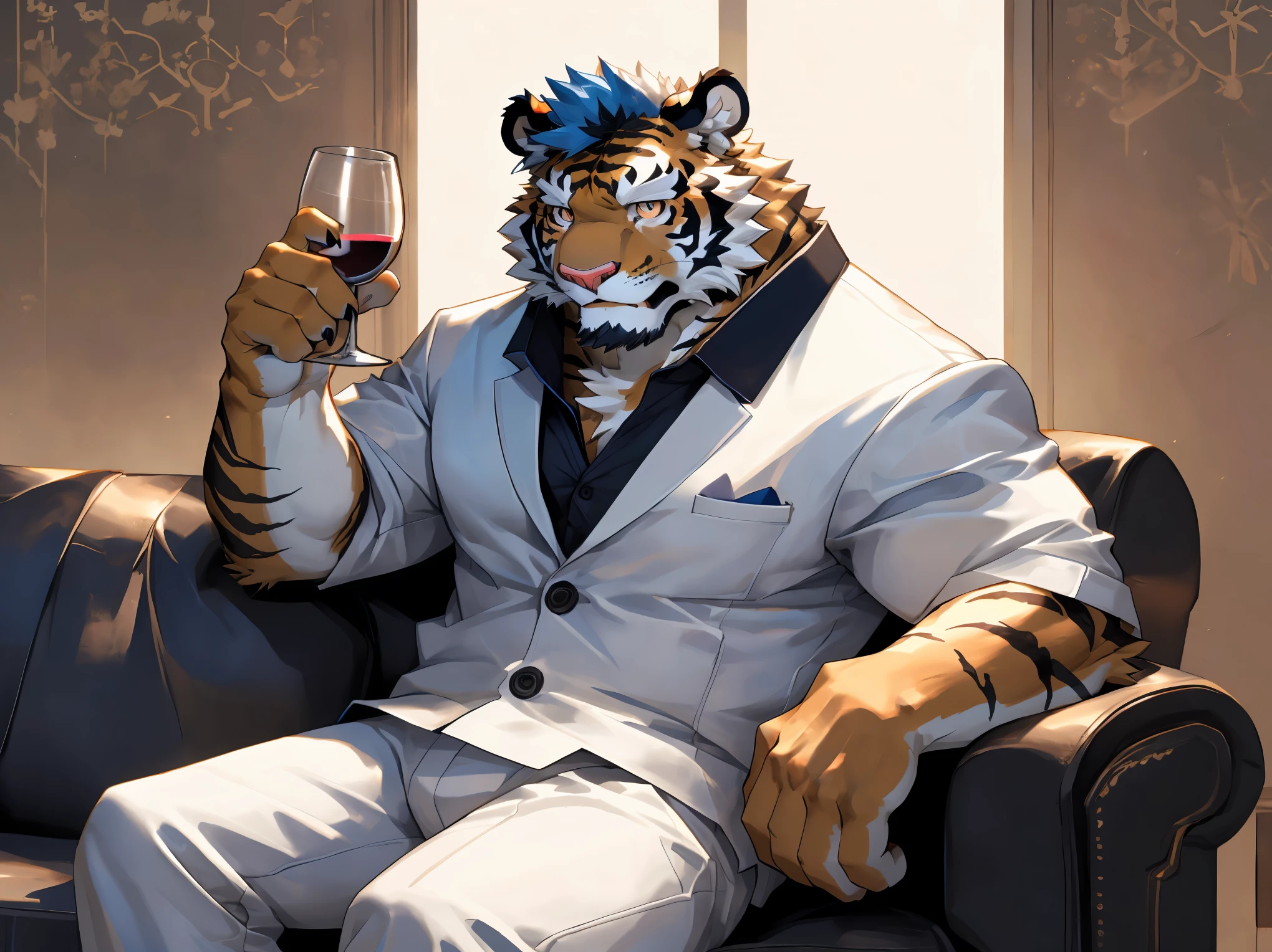(disney),anime character with tiger, tiger_beast, Firmware version, high resolution committee, ((tiger)), gigachad muscular, muscular!!, only, anthropomorphic tiger, muscular character, Kushat Konzi, super detailed!!, muscular!!, beefy, body committee, Full body details are very rich,16k,(Full white suit body:1.4),(The two eyes are not the same color,Pupils of different colors:1.5),HD,(colored hair,Eyebrow:1.5),(High cold posture:1.5),(Sitting on the sofa:1.3),(Cold eyes:1.5),(dick:1.5),solo,Sitting on the sofa,(Facial detail drawing:1.5),(white tiger tail),(white face pattern),(front view),(Modern villa background:1.3),(living room:1.3),(Perfect body proportions:1.6),(back wall window:1.3),(Holding a wine glass in his hand),(Proud eyes),(cold corners of mouth),(looking at you)
