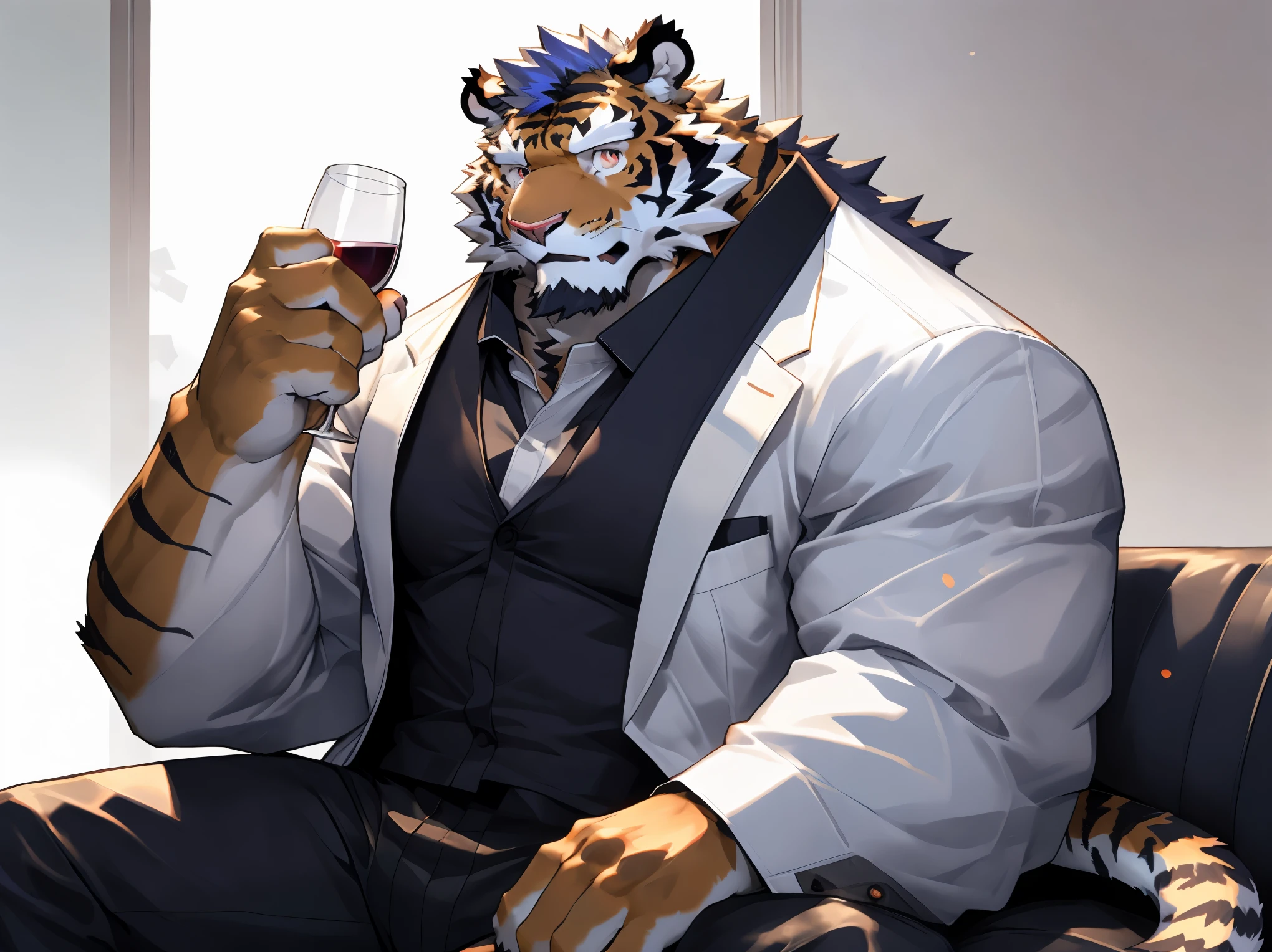 (disney),anime character with tiger, tiger_beast, Firmware version, high resolution committee, ((tiger)), gigachad muscular, muscular!!, only, anthropomorphic tiger, muscular character, Kushat Konzi, super detailed!!, muscular!!, beefy, body committee, Full body details are very rich,16k,(Full white suit body:1.4),(The two eyes are not the same color，Pupils of different colors:1.5),HD,(colored hair,Eyebrow:1.5),(High cold posture:1.5),(Sitting on the sofa:1.3),(Cold eyes:1.5),(dick:1.5),solo,Sitting on the sofa,(Facial detail drawing:1.5),(white tiger tail),(white face pattern),(front view),(Modern villa background:1.3),(living room:1.3),(Perfect body proportions:1.6),(back wall window:1.3),(Holding a wine glass in his hand),(Proud eyes),(cold corners of mouth),(looking at you)