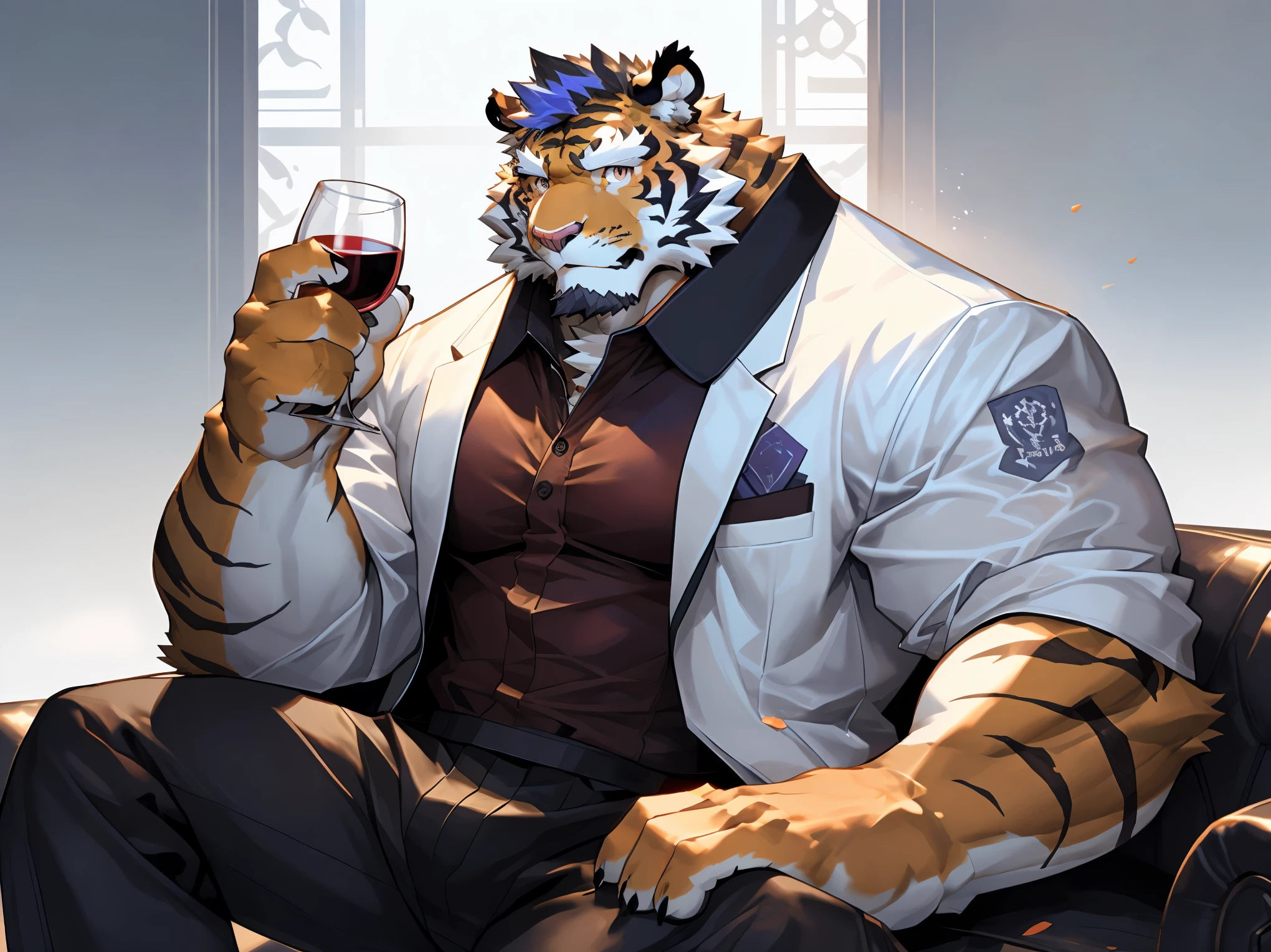 (disney),anime character with tiger, tiger_beast, Firmware version, high resolution committee, ((tiger)), gigachad muscular, muscular!!, only, anthropomorphic tiger, muscular character, Kushat Konzi, super detailed!!, muscular!!, beefy, body committee, Full body details are very rich,16k,(Full white suit body:1.4),(The two eyes are not the same color,Pupils of different colors:1.5),HD,(colored hair,Eyebrow:1.5),(High cold posture:1.5),(Sitting on the sofa:1.3),(Cold eyes:1.5),(dick:1.5),solo,Sitting on the sofa,(Facial detail drawing:1.5),(white tiger tail),(white face pattern),(front view),(Modern villa background:1.3),(living room:1.3),(Perfect body proportions:1.5),(back wall window:1.3),(Holding a wine glass in his hand),(contemptuous eyes),(Contemptuous lips),(looking at you)!