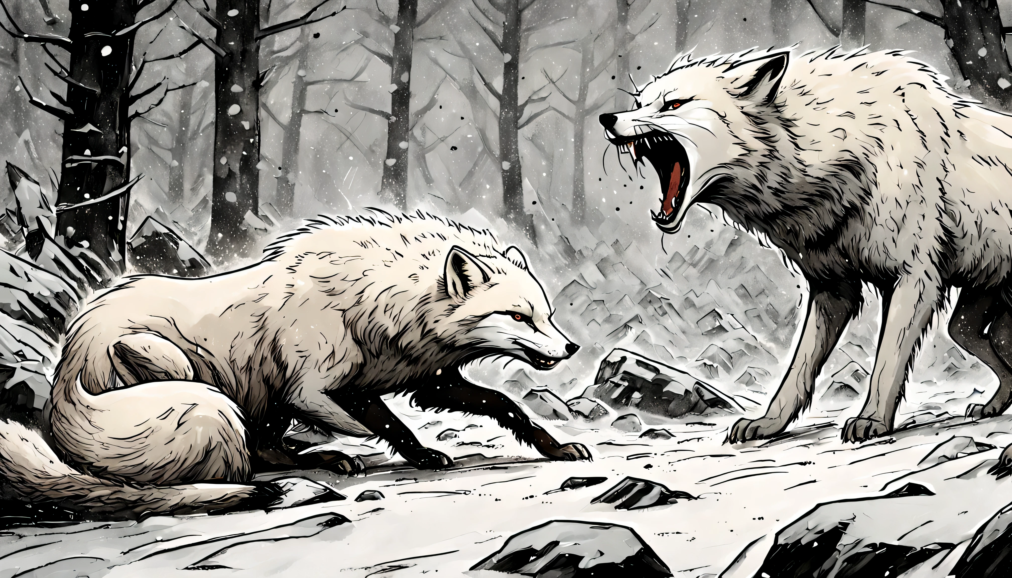 illustrate dark art, arctic fox in battle during blizzard, tilted camera angle adds drama and tension, Center frame an arctic fox faces a huge polar bear in the middle of the frame, both snarling and roaring in fury. The fox has challenged the bear for some reason, and now they are engaged in a fierce battle. pitch black night, no light source, dim starry sky, moment of battle, intense, harsh, overwhelming, gnashing teeth, rabid, fight
