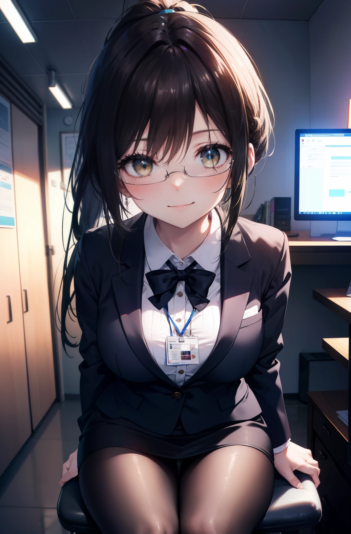 kotegawayui, Yui Kotegawa, black hair, (brown eyes:1.5), smile,blush,ponytail,long hair, OL, Black Abyss glasses, end, black suit jacket, collared jacket, white dress shirt, collared shirt, neckline, button, strap, ID card on neck, black pencil skirt, black pantyhose, smile, blush, looking at the viewer, Charm, Mechanical,on your computer,sitting in a chair, interior,ブラインドタッチ
break looking at viewer,
break indoors, office,
break (masterpiece:1.2), highest quality, High resolution, unity 8k wallpaper, (figure:0.8), (detailed and beautiful eyes:1.6), highly detailed face, perfect lighting, Very detailed CG, (perfect hands, perfect anatomy),