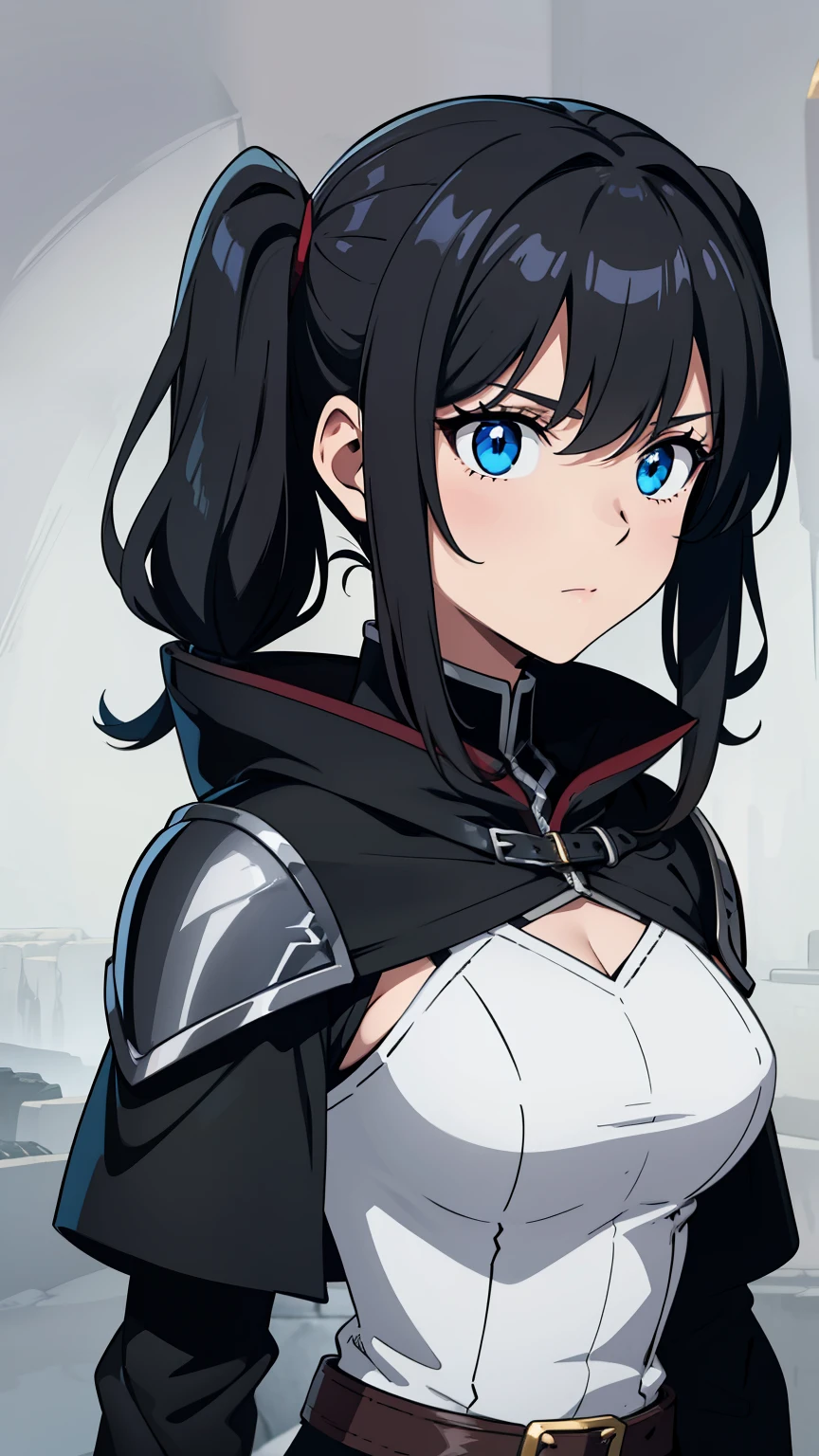 (high-quality, breathtaking),(expressive eyes, perfect face) portrait, 1girl, female, solo, adult, age 20, black hair, blue eye color, medium hair length, looking at viewer, half body, calm expression, fantasy clothing, height 4"3, fantasy adventurer attire, rouge attire, thief profession, short height, black hooded cloak, black jacket, black short sleeved shirt, long sleeved gauntlets, black shorts, silver trim, fantasy armor, shoulder pads, pigtails, pigtails hairstyle, leather armor, light tanned skin, C cup breast size, curly hair
