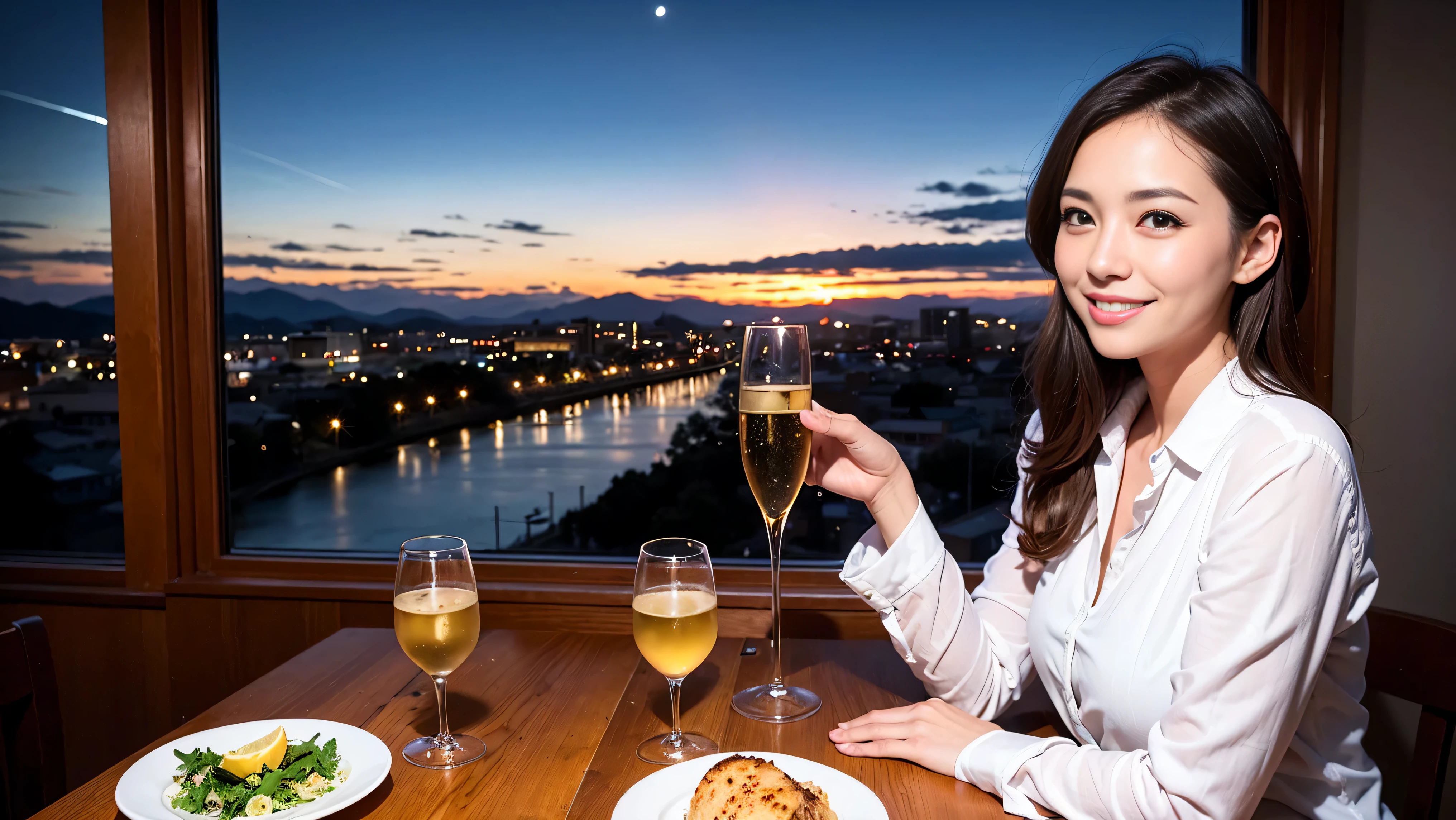 64k, Hmm, highest quality, masterpiece: 1.2), (realistic, photorealistic: 1.37), Spectacular view of the sunset sky and clouds、Amazing mountain views、slimな美女3名, (slimフェイス),Happy、 最高なsmile、Fox face、Berry Short、(because I'thin), (brown hair), (shortcut), long sleeve shirt、winter fashion、Colombian、Brazilian、Japanese、Dutch、German、Portuguese、Belgian、Italian、French,Champagne、sparkling wine、 (gush out), (slimボティ), (brown hair), (shortcut), neat beauty、cheeks turn a little red, (35 years old), 38 years old, alone, A beautiful and detailed night view spreads out outside the window...., restaurant, wine glassが座っている, At night, in a prominent place (from the Upper body) nova frog style, actress, model, Upper body, White wine, slim, wine glass, Very beautiful night view, wine glass Put in the Middle, Happy smile, (smile: 1.15),