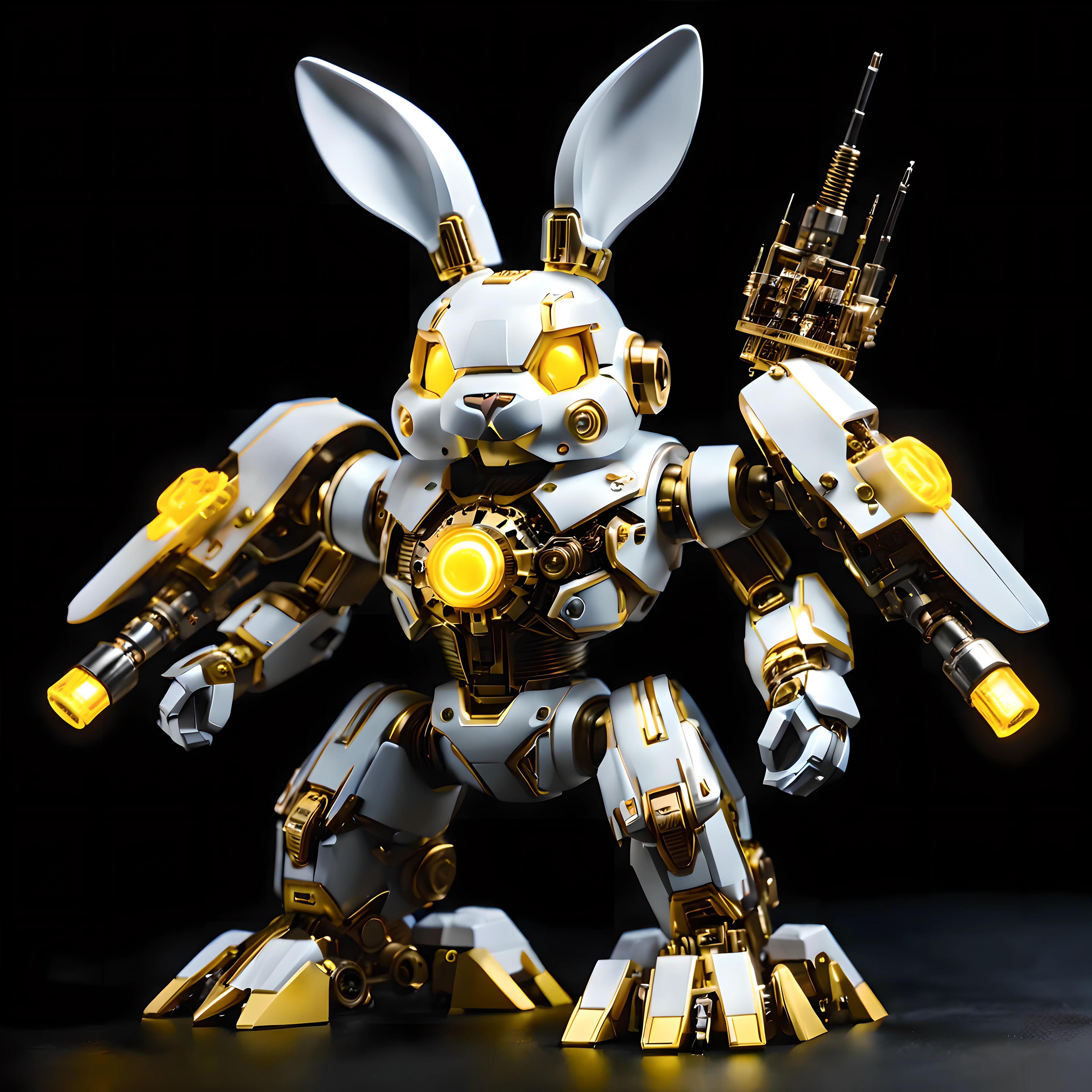 (Blind box toy style:1.2),full view, Pure black background, There is a big-headed rabbit mecha standing on the ground.,Get into fighting stance. Giant rabbit-headed Isis made from precision electronic components, gear, integrated circuit, electric wire.translucent facial mask, glowing eyes, Mechanical ears. White and yellow color scheme, (Well-designed, high detail, masterpiece, best quality, ultra high definition, Sharpen details, Metallic feeling)