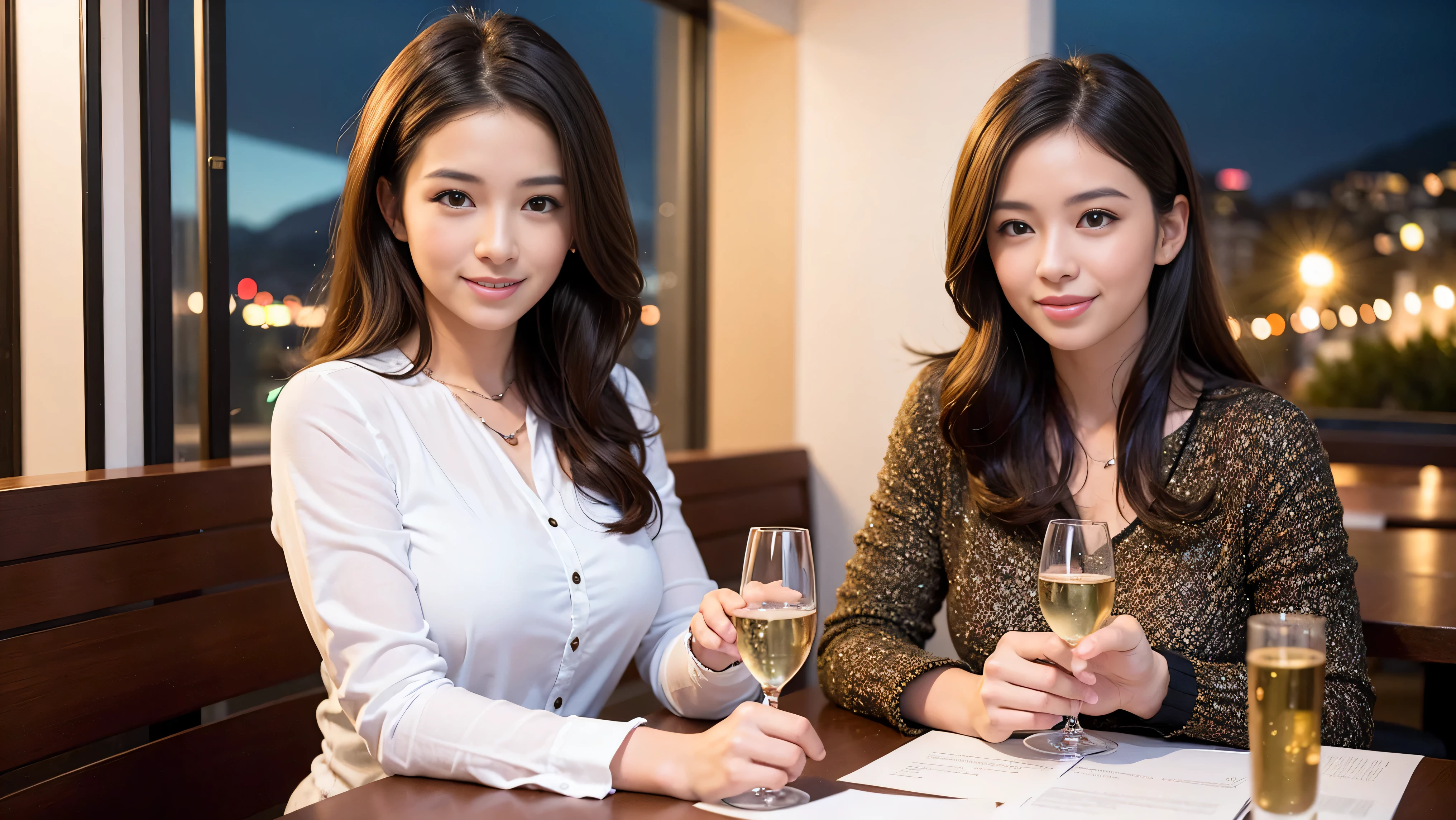 64k, Hmm, highest quality, masterpiece: 1.2), (realistic, photorealistic: 1.37), Spectacular view of the sunset sky and clouds、Amazing mountain views、slimな美女3名, (slimフェイス),Happy、 最高なsmile、Fox face、Berry Short、(because I'thin), (brown hair), (shortcut), long sleeve shirt、winter fashion、Colombian、Brazilian、Japanese、Dutch、German、Portuguese、Belgian、Italian、French,Champagne、sparkling wine、 (gush out), (slimボティ), (brown hair), (shortcut), neat beauty、cheeks turn a little red, (35 years old), 38 years old, alone, A beautiful and detailed night view spreads out outside the window...., restaurant, wine glassが座っている, At night, in a prominent place (from the Upper body) nova frog style, actress, model, Upper body, White wine, slim, wine glass, Very beautiful night view, wine glass Put in the Middle, Happy smile, (smile: 1.15),