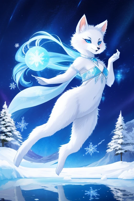 a beautiful arctic fox, stunning thick fur, piercing blue eyes, snow-covered landscape, icy breath, graceful leaps, arctic wilderness, serene silence, delicate snowflakes, seamless camouflage, playful paws, majestic presence, glowing moonlight, shimmering ice crystals, frost-covered trees, peaceful solitude, Arctic Circle, mesmerizing auroras, arctic wind howling, frosty nose, icy reflections, Arctic wonderland, pristine beauty, winter wonder, icy blue tones, ethereal glow, Arctic adventure, sublime wilderness, sparkling icicles, Arctic survival, frosty footprints, Arctic serenity, hidden treasures, Arctic expedition, untouched purity, Arctic twilight, frozen landscapes, Arctic mastery