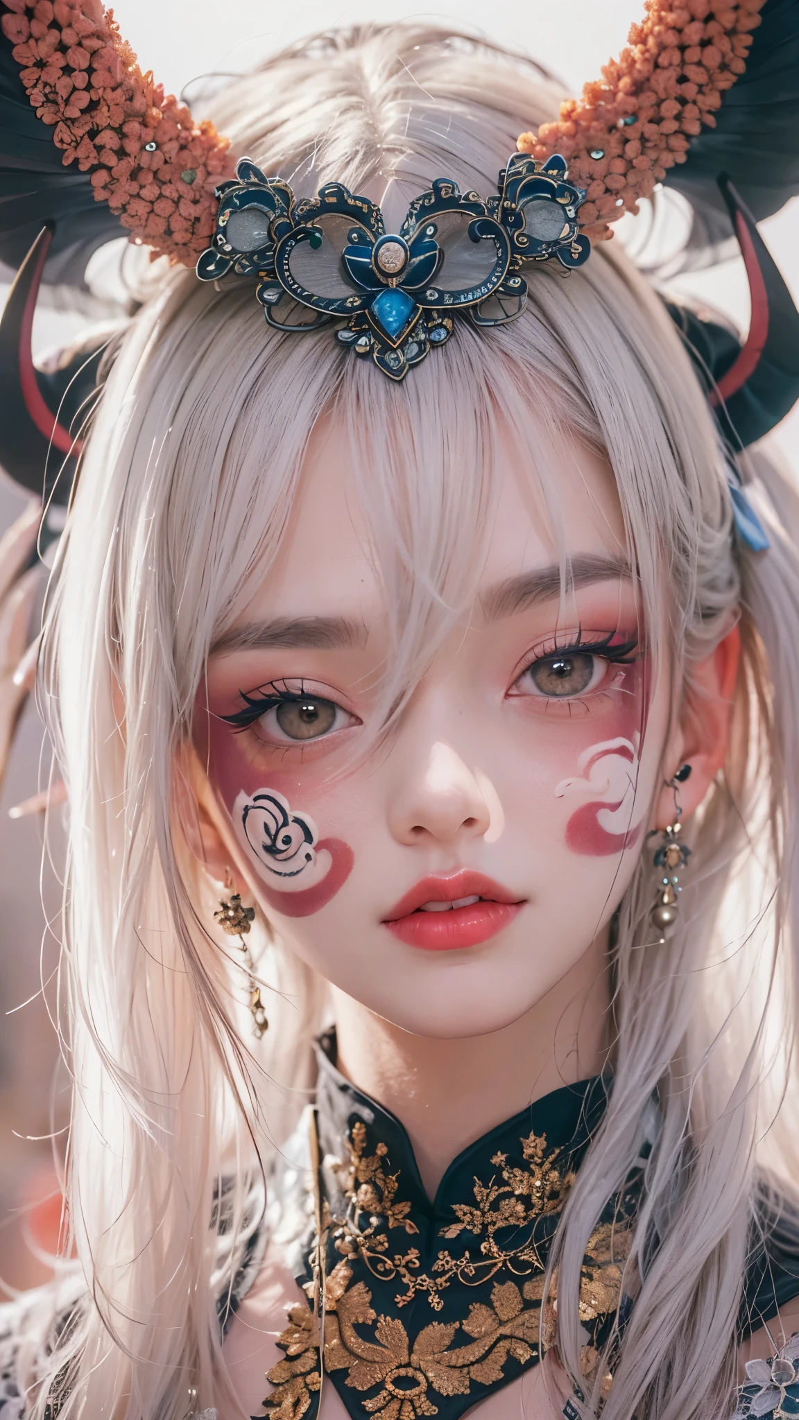 (masterpiece\_portrait, distinct, distinct\_image, highres, high\_resolution, high\_quality, high\_quality\_anime, super\_detail, hyper\_detail, ultra high definition, Super facial detail, face art, 알굴 make-up, pale face, red lips, forehead make-up, 눈 make-up, intricate pattern on face, 8k, 1\_person, face enlargement, Chinese makeup, Japanese anime makeover, exquisite make-up, art, art, painting on face, face art, Demon Slayer's Blade, Akaza, fixing your