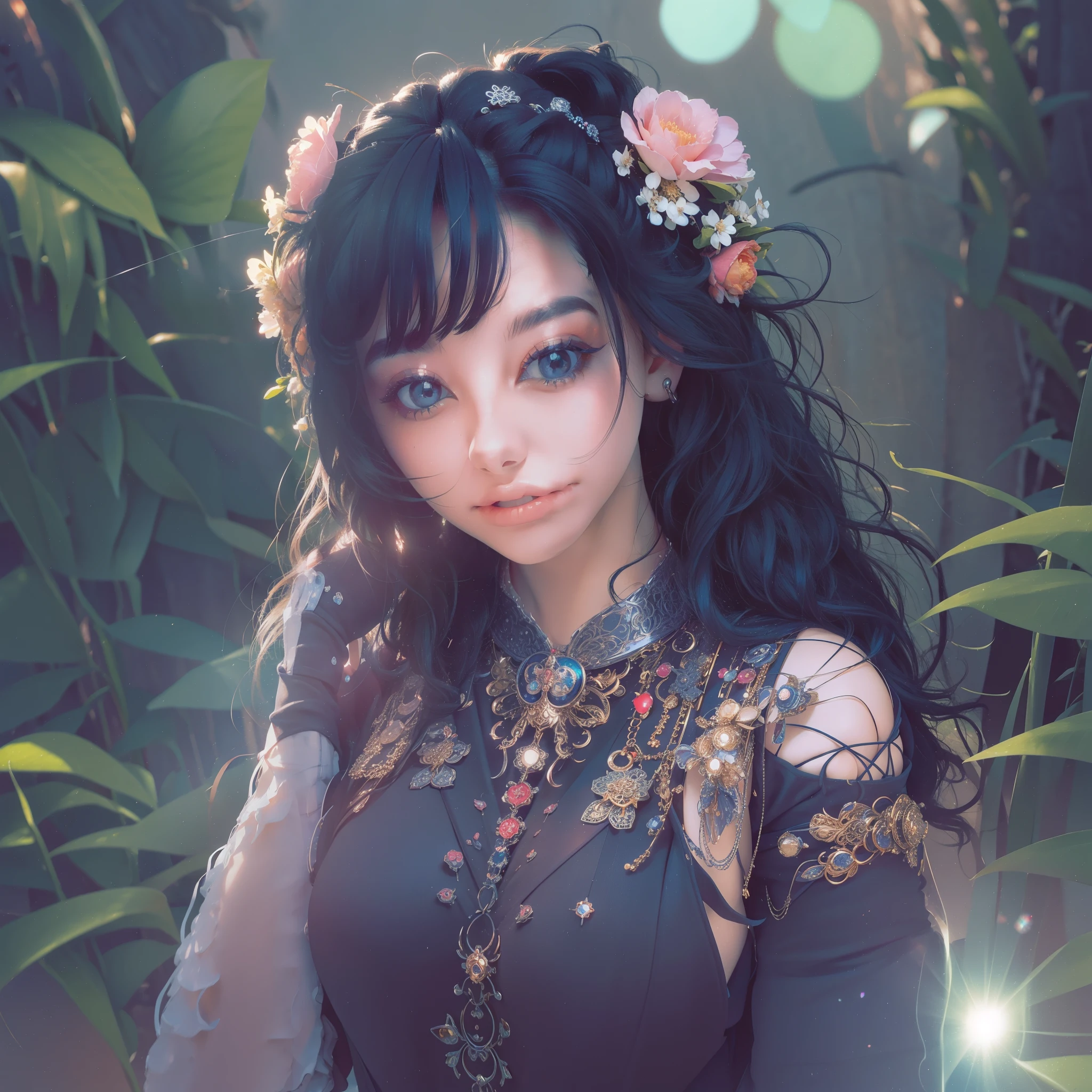 ((masterpiece)), ultra-realistic, portrait of a beautiful pale-skinned vampire with (black enamel), a deep dark makeup, bright blue eyes, in a dark and gloomy environment. (Prompt is in Portuguese)