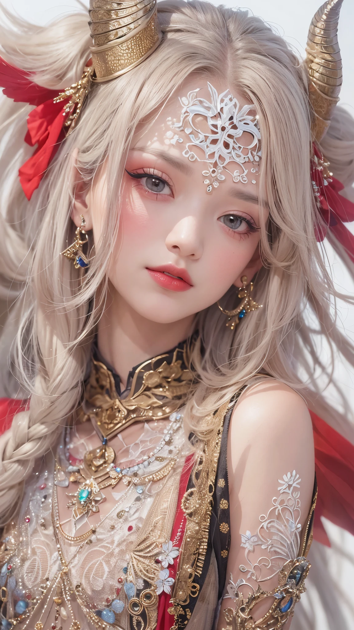 (masterpiece\_portrait, distinct, distinct\_image, highres, high\_resolution, high\_quality, high\_quality\_anime, super\_detail, hyper\_detail, ultra high definition, Super facial detail, face art, 알굴 make-up, pale face, red lips, forehead make-up, 눈 make-up, intricate pattern on face, 8k, 1\_person, face enlargement, Chinese makeup, Japanese anime makeover, exquisite make-up, art, art, painting on face, face art, Demon Slayer's Blade, Akaza, fixing your, Real people, realistic,
