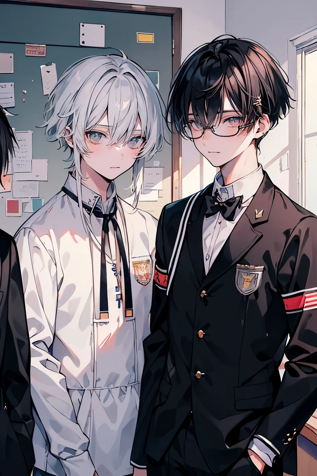 (muste piece), (best quality), very detailed, ((Two friendly high school boys:1.5)), perfect face, beautiful face, very detailed face，(black haired man:1.3)，(white haired man:1.3)，School，classroom，student uniform