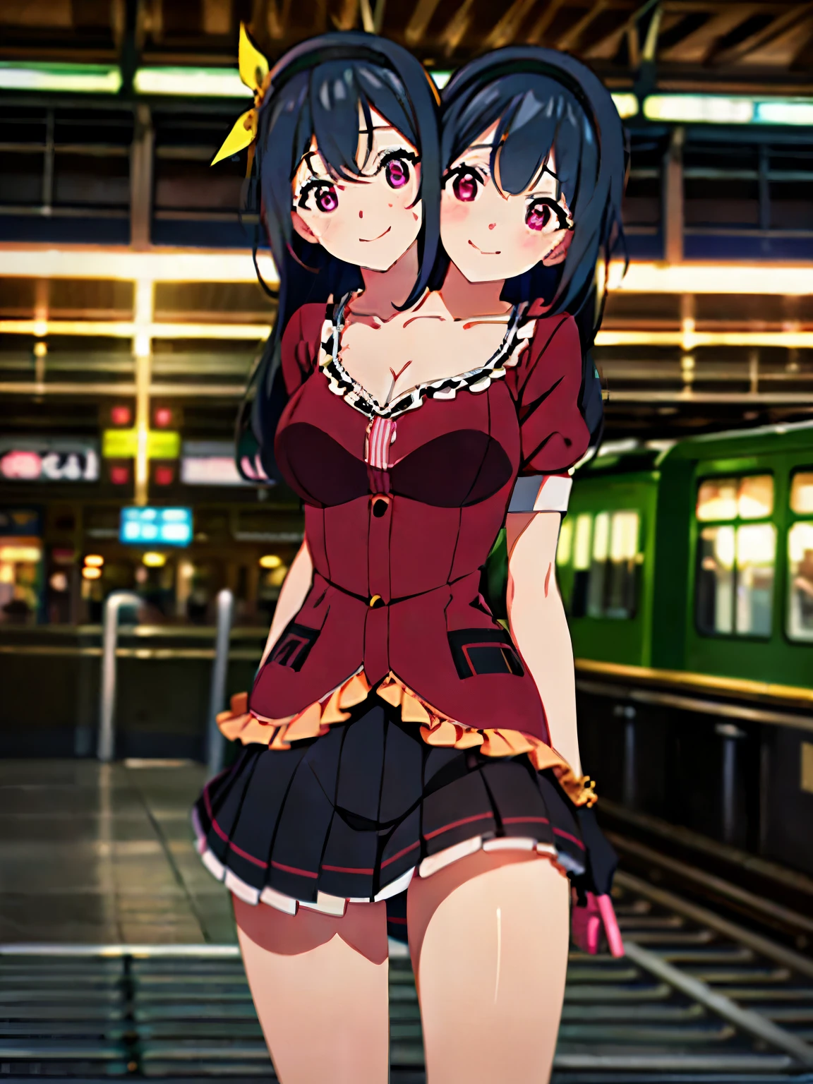 (masterpiece),(ultra-detailed), (high quality), (high resolution), (best quality:1.5, highres, UHD), highres, absurdo, ultra detail, ultra quality, Ultra resolution, 16k, ((2heads:1.5)), 1girl, ((anime girl with two heads)), (black hair)  magenta red blouse with jacket and a hot pink mini skirt with pleats, fingerless black gloves, suede shoes, (freckles), gentle smile, (tomboy), cowboy shot, (railway station), (headband)