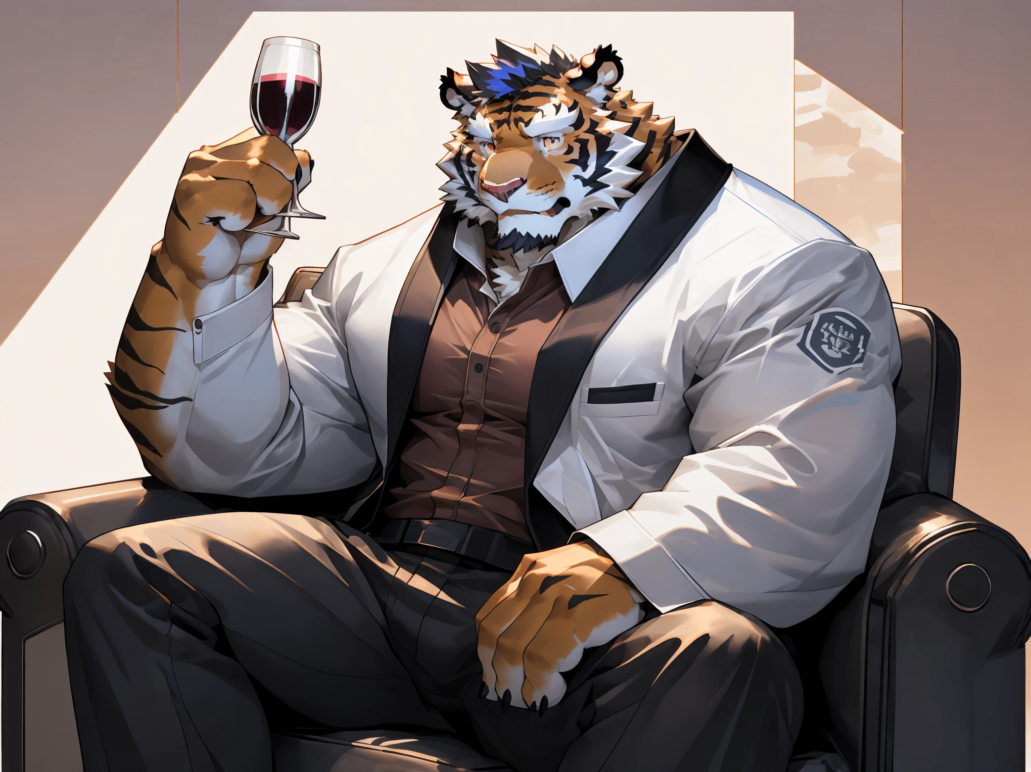 (disney),anime character with tiger, tiger_beast, Firmware version, high resolution committee, ((tiger)), gigachad muscular, muscular!!, only, anthropomorphic tiger, muscular character, Kushat Konzi, super detailed!!, muscular!!, beefy, body committee, Full body details are very rich,16k,(Full white suit body:1.4),(The two eyes are not the same color,Pupils of different colors:1.5),HD,(colored hair,Eyebrow:1.5),(High cold posture:1.5),(Sitting on the sofa:1.3),(Cold eyes:1.5),(dick:1.5),solo,Sitting on the sofa,(Facial detail drawing:1.5),(white tiger tail),(white face pattern),(front view),(Modern villa background:1.3),(living room:1.3),(Perfect body proportions:1.5),(back wall window:1.3),(Holding a wine glass in his hand),(contemptuous eyes),(Contemptuous lips),looking at you
