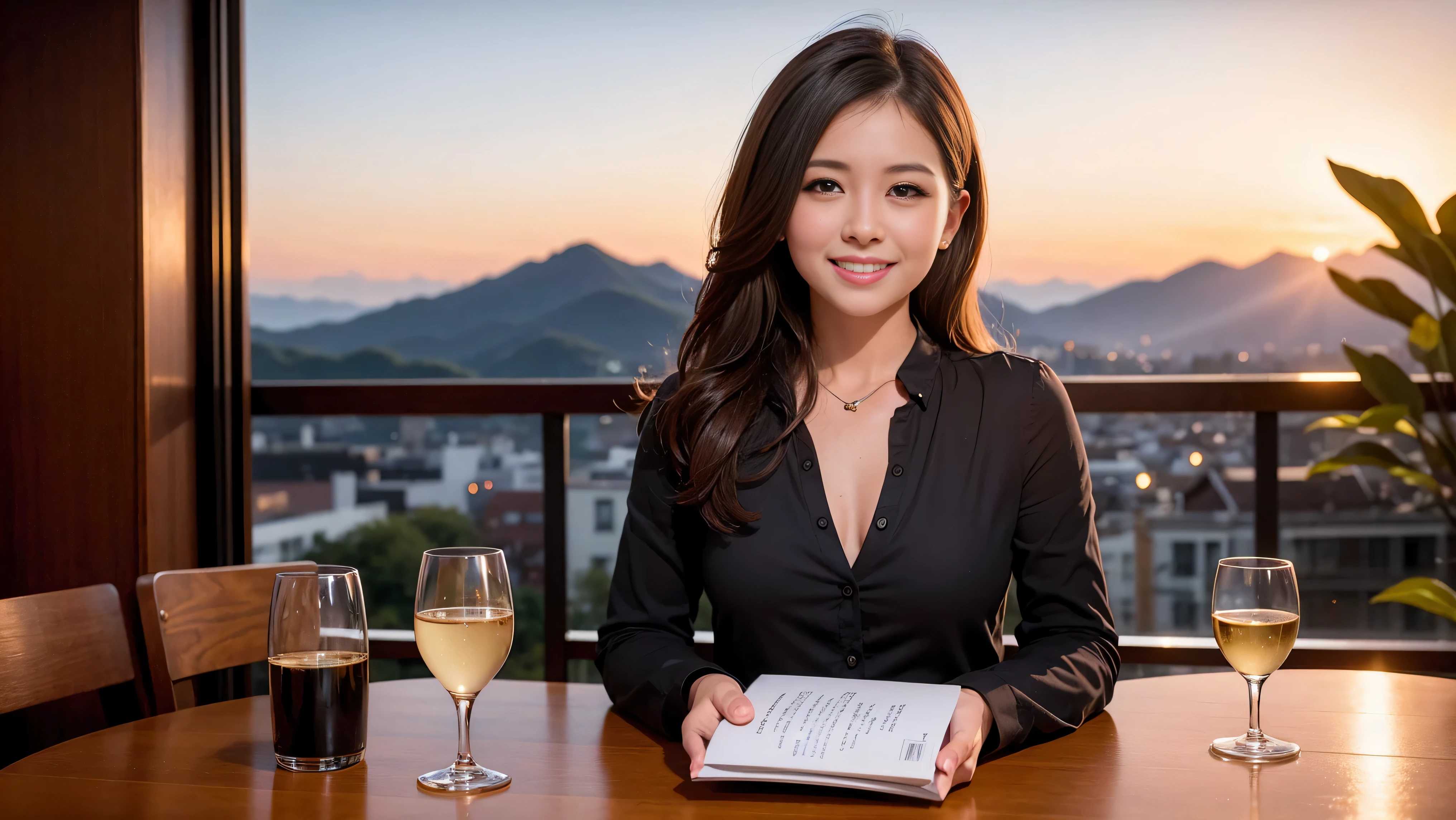 64k, Hmm, highest quality, masterpiece: 1.2), (realistic, photorealistic: 1.37), Spectacular view of the sunset sky and clouds、Amazing mountain views、slimな美女3名, (slimフェイス),Happy、 最高なsmile、Fox face、Berry Short、(because I&#39;thin), (brown hair), (shortcut), long sleeve shirt、winter fashion、Colombian、Brazilian、Japanese、Dutch、German、Portuguese、Belgian、Italian、French,Champagne、sparkling wine、 (squirt), (slimボティ), (brown hair), (shortcut), neat beauty、cheeks turn a little red, (35 years old), 38 years old, alone, A beautiful and detailed night view spreads out outside the window....., restaurant, wine glassが座っている, At night, in a prominent place (from the Upper body) nova frog style, actress, model, Upper body, White wine, slim, wine glass, Very beautiful night view, wine glass Put in the Middle, Happy smile, (smile: 1.15), 
