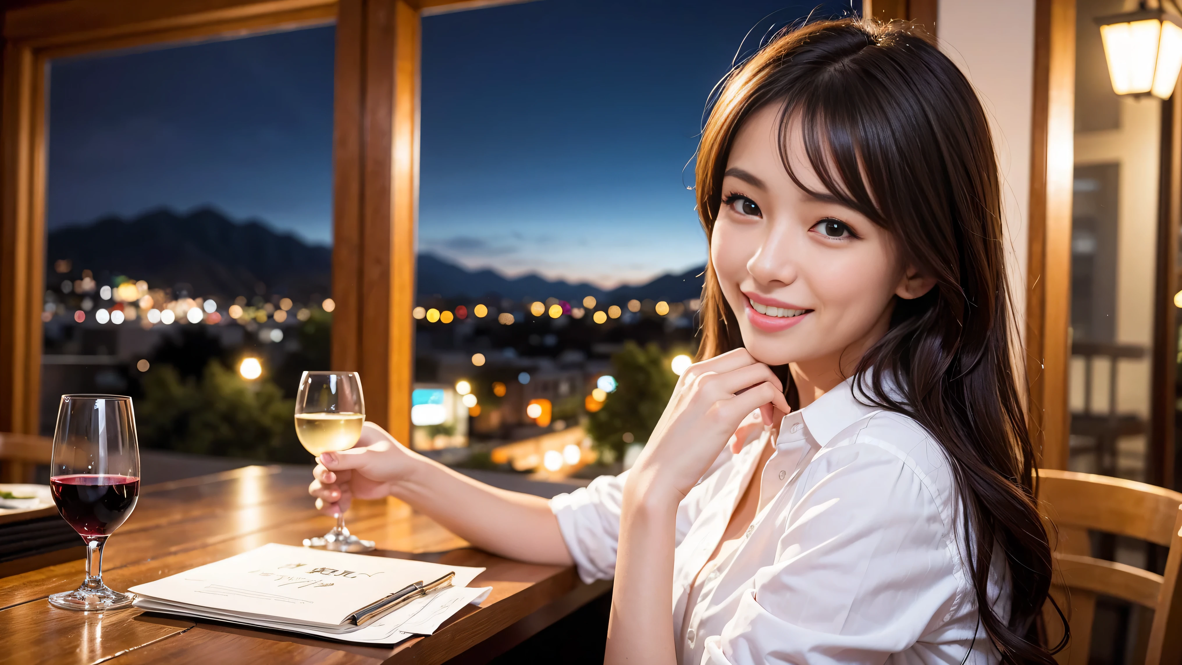64k, Hmm, highest quality, masterpiece: 1.2), (realistic, photorealistic: 1.37), Spectacular view of the sunset sky and clouds、Amazing mountain views、slimな美女3名, (slimフェイス),Happy、 最高なsmile、Fox face、Berry Short、(because I'thin), (brown hair), (shortcut), long sleeve shirt、winter fashion、Colombian、Brazilian、Japanese、Dutch、German、Portuguese、Belgian、Italian、French,Champagne、sparkling wine、 (squirt), (slimボティ), (brown hair), (shortcut), neat beauty、cheeks turn a little red, (35 years old), 38 years old, alone, A beautiful and detailed night view spreads out outside the window....., restaurant, wine glassが座っている, At night, in a prominent place (from the Upper body) nova frog style, actress, model, Upper body, White wine, slim, wine glass, Very beautiful night view, wine glass Put in the Middle, Happy smile, (smile: 1.15),