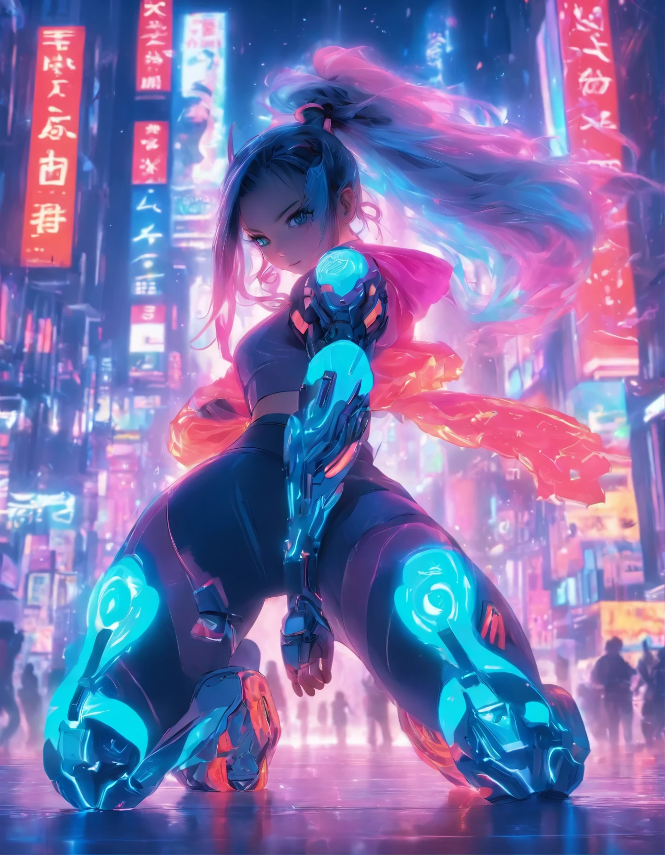 best quality,4k,8k,highres,masterpiece:1.2),ultra-detailed, extremely detailed eyes, extremely detailed body, (large masterpiece digital art), (detailed manga illustration), (detailed line art), ((perfect anatomy)), high quality, expressive eyes, full body, tall girl, detailed face, beautiful face, perfect face, breasts, cleavage, gloves, A photograph of mid-twenties Japanese female android made of shiny white and silver translucent glass and plastic, geisha makeup and hairstyle, silver metal internal body mechanisms, dynamic pose, flowing organic construction, glowing golden circuitry, colorful neon trim, glowing circuitry, neon trim, depth of field focus f/2.8, art by H.R. Giger, Greg Rutowski, bodysuit, thick thighs, toned, emblem, cinematic lighting, dynamic lighting, 4k resolution, dynamic pose, weapon, energy weapon, cover, mecha musume, fortified suit, mechanical parts, headgear, robot joints, bodysuit, deva battle suit, gloves,