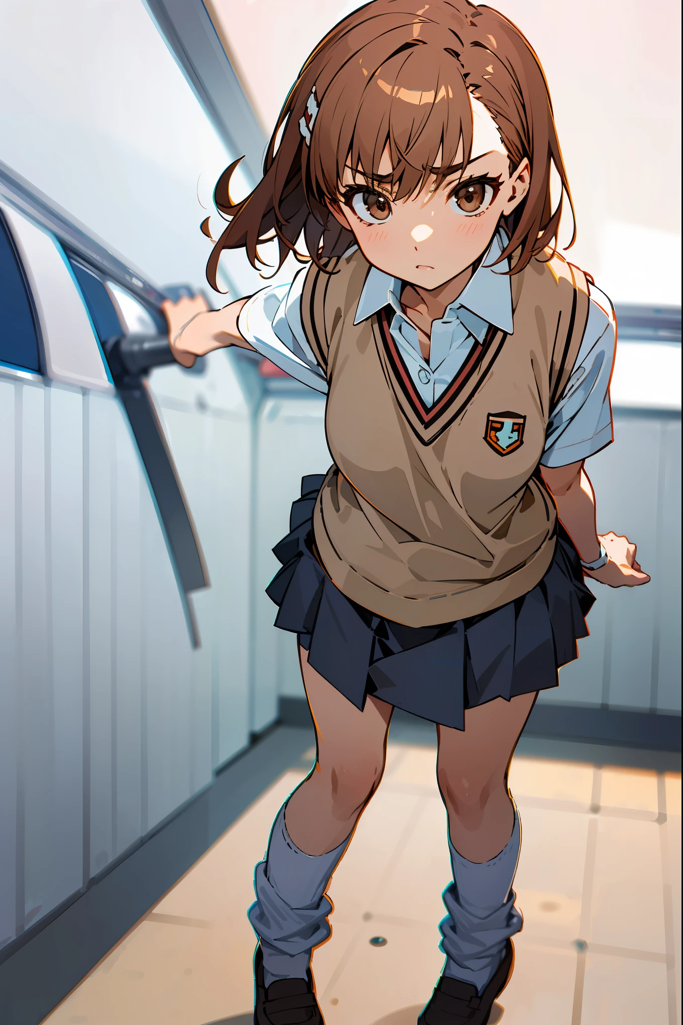  masterpiece,beste Quality, Misaka_mikoto,solo, brown eyess, Short_Hair, Small_Breast, looking at the viewers　Student uniforms, tokiwadai_School_uniform, whiteshirt, Sweater Vest, Gray miniskirt, , White loose socks, shoes, standing、