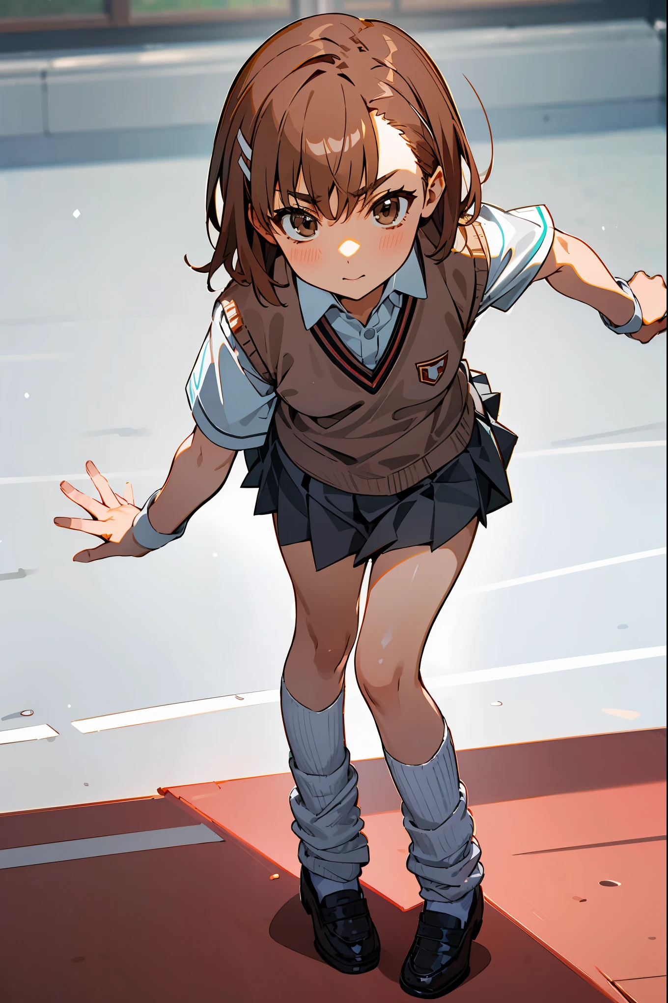  masterpiece,beste Quality, Misaka_mikoto,solo, brown eyess, Short_Hair, Small_Breast, looking at the viewers　Student uniforms, tokiwadai_School_uniform, whiteshirt, Sweater Vest, Gray miniskirt, , White loose socks, shoes, standing、