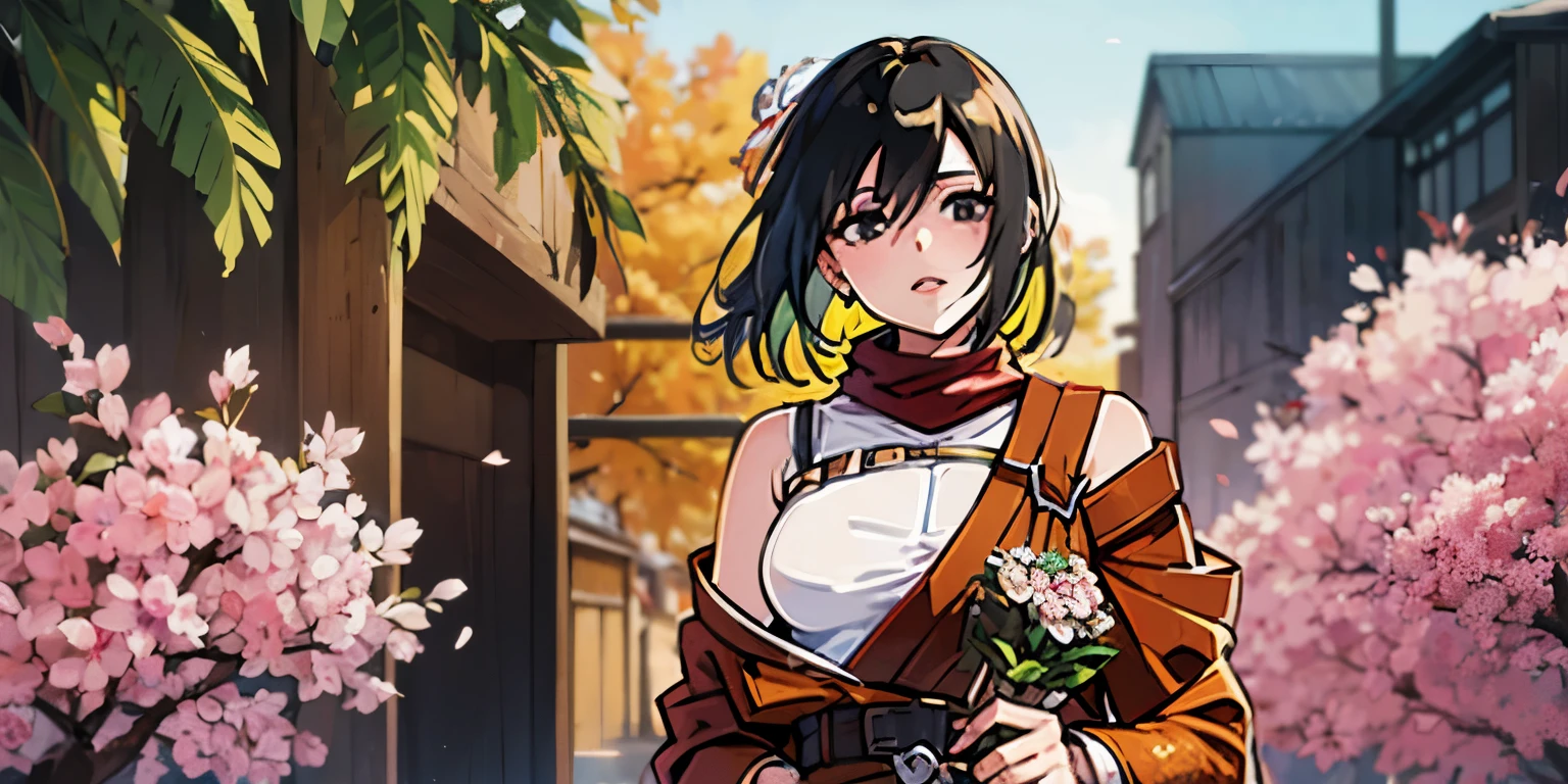 hmmikasa, black hair, short hair, black eyes, scarf, red scarf, modern decor,cozy atmosphere,relaxing vibes,urban backdrop,dreamy ambiance, huge breast, hair ornament, magical aura, enchanting beauty, mystical setting, enchanting artwork, intricate details.1girl, cherry_blossoms, breasts, solo, petals, japanese_clothes, kimono, collarbone, bare_shoulders, twin_braids, lips, cleavage, looking_at_viewer, flower, hair_ornament, makeup, floral_print, upper_body, large_breasts, sweating, 