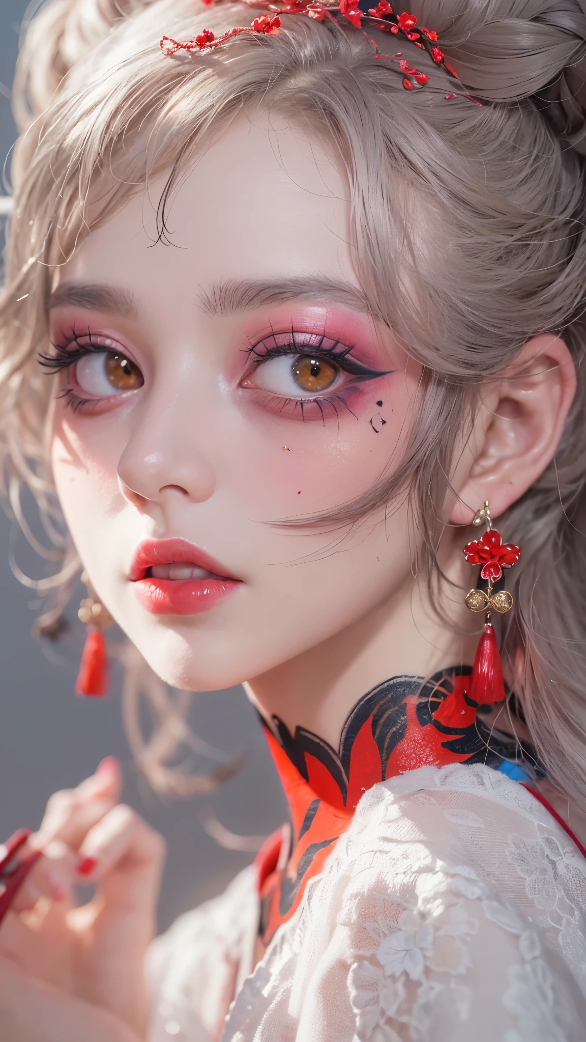 (masterpiece\_portrait, distinct, distinct\_image, highres, high\_resolution, high\_quality, high\_quality\_anime, super\_detail, hyper\_detail, ultra high definition, Super facial detail, face art, 알굴 make-up, pale face, red lips, forehead make-up, 눈 make-up, intricate pattern on face, 8k, 1\_person, face enlargement, Chinese makeup, Japanese anime makeover, exquisite make-up, art, art, painting on face, face art, Demon Slayer's Blade, Akaza, fixing your, Real people, realistic,