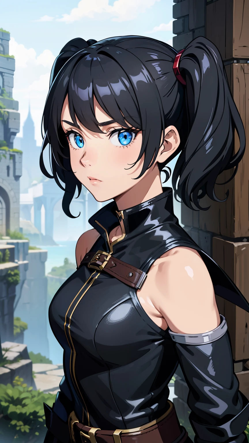 (high-quality, breathtaking),(expressive eyes, perfect face) portrait, 1girl, female, solo, adult, age 20, black hair, blue eye color, medium hair length, looking at viewer, half body, calm expression, fantasy clothing, height 4"3, fantasy adventurer attire, rouge attire, thief profession, short height, black cloak, black jacket, black short sleeved shirt, long sleeved gauntlets, black shorts, silver trim, fantasy armor, shoulder pads, pigtails, pigtails hairstyle, leather armor, light tanned skin, C cup breast size, curly hair, slightly narrow eyes, mature face
