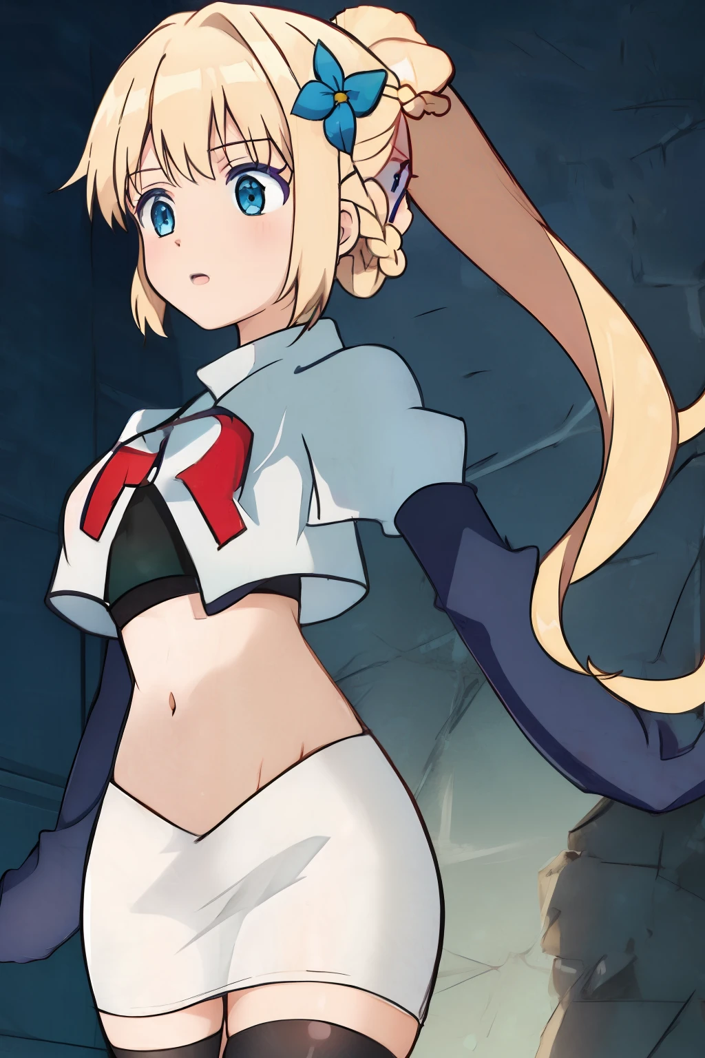 sora, anime art style, 1girl, solo, blush, bangs, blue_eyes, blonde_hair, hair_ornament, ponytail, braid, flower, hair_flower, blue_flower, team rocket,team rocket uniform, red letter R, white skirt,white crop top,black thigh-highs ,black elbow gloves