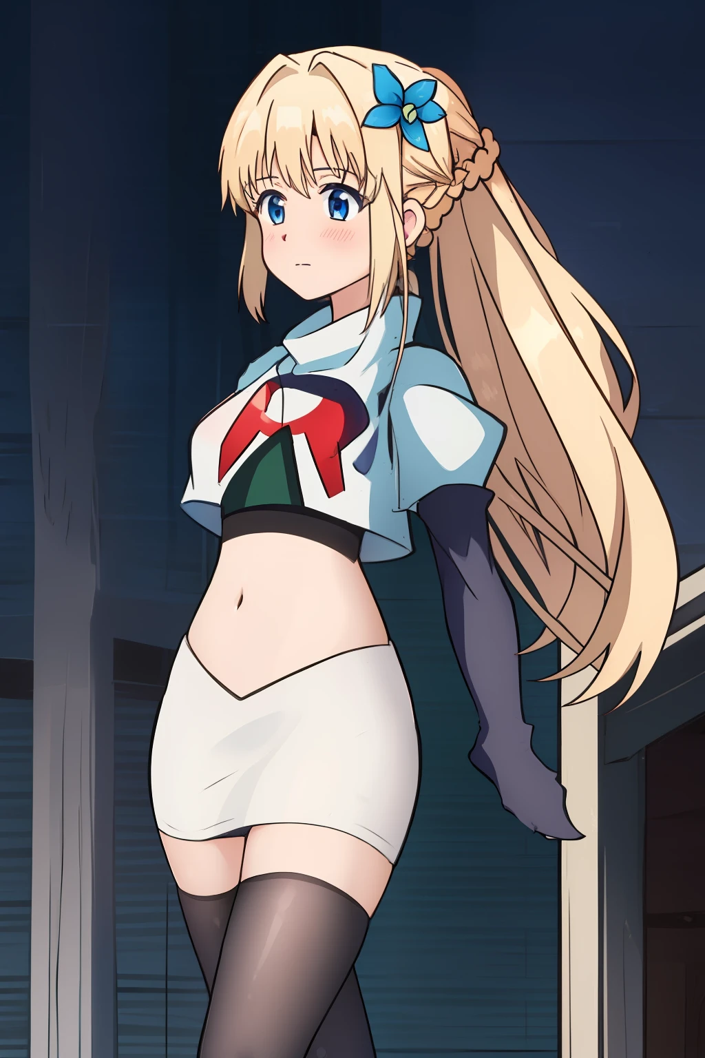 sora, anime art style, 1girl, solo, blush, bangs, blue_eyes, blonde_hair, hair_ornament, ponytail, braid, flower, hair_flower, blue_flower, team rocket,team rocket uniform, red letter R, white skirt,white crop top,black thigh-highs ,black elbow gloves