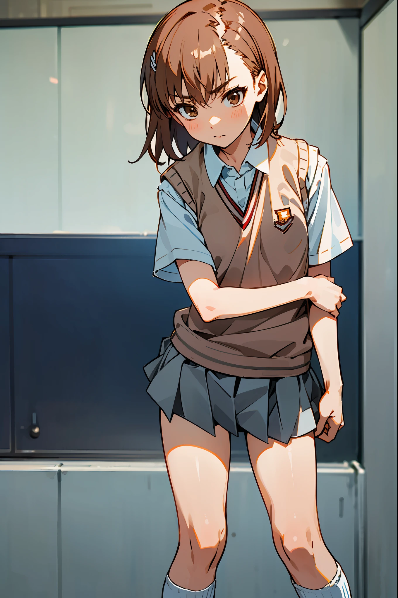  masterpiece,beste Quality, Misaka_mikoto,solo, brown eyes, Short_Hair, Small_Breast, cowboy shot,shoot from front,Student uniforms, tokiwadai_School_uniform, white shirt, Sweater Vest, Gray miniskirt, , White loose socks, shoes, standing、