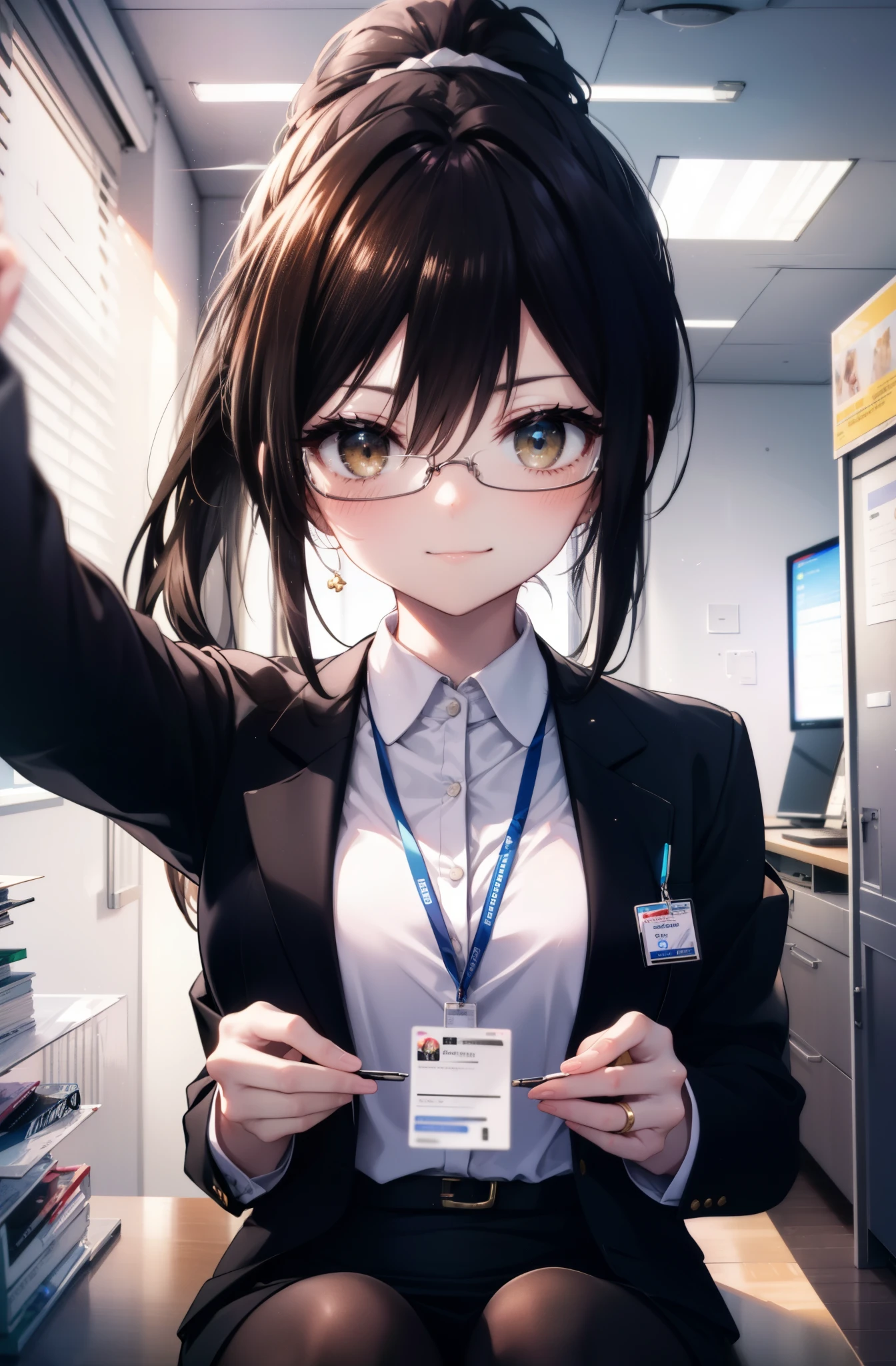 kotegawayui, Yui Kotegawa, black hair, (brown eyes:1.5), smile,blush,ponytail,long hair, OL, Black Abyss glasses, end, black suit jacket, collared jacket, white dress shirt, collared shirt, neckline, button, strap, ID card on neck, black pencil skirt, black pantyhose, smile, blush, looking at the viewer, Charm, Mechanical,on your computer,sitting in a chair, interior,ブラインドタッチ
break looking at viewer,
break indoors, office,
break (masterpiece:1.2), highest quality, High resolution, unity 8k wallpaper, (figure:0.8), (detailed and beautiful eyes:1.6), highly detailed face, perfect lighting, Very detailed CG, (perfect hands, perfect anatomy),