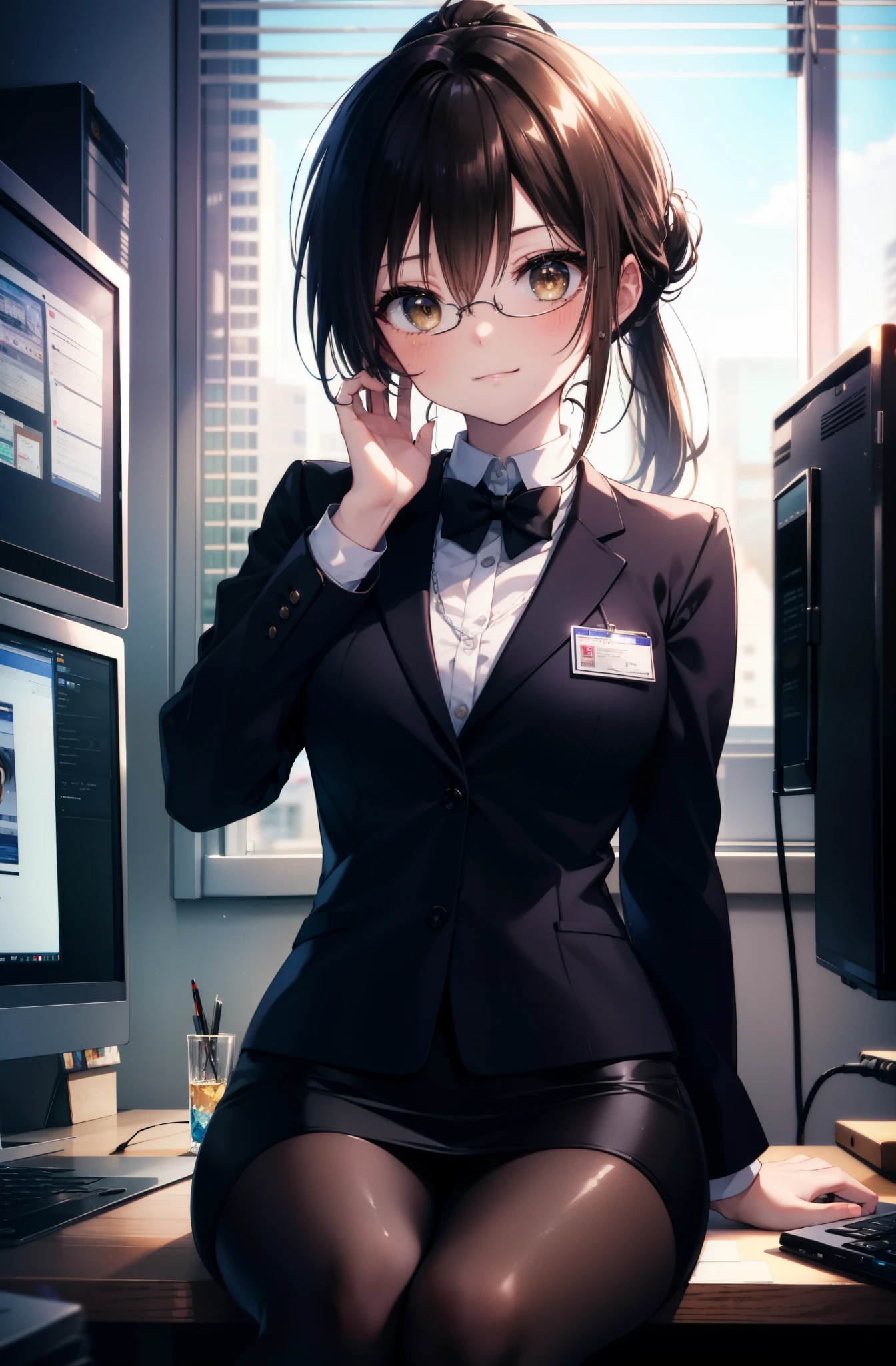 kotegawayui, Yui Kotegawa, black hair, (brown eyes:1.5), smile,blush,ponytail,long hair, OL, Black Abyss glasses, end, black suit jacket, collared jacket, white dress shirt, collared shirt, neckline, button, strap, ID card on neck, black pencil skirt, black pantyhose, smile, blush, looking at the viewer, Charm, Mechanical,on your computer,sitting in a chair, interior,ブラインドタッチ
break looking at viewer,
break indoors, office,
break (masterpiece:1.2), highest quality, High resolution, unity 8k wallpaper, (figure:0.8), (detailed and beautiful eyes:1.6), highly detailed face, perfect lighting, Very detailed CG, (perfect hands, perfect anatomy),