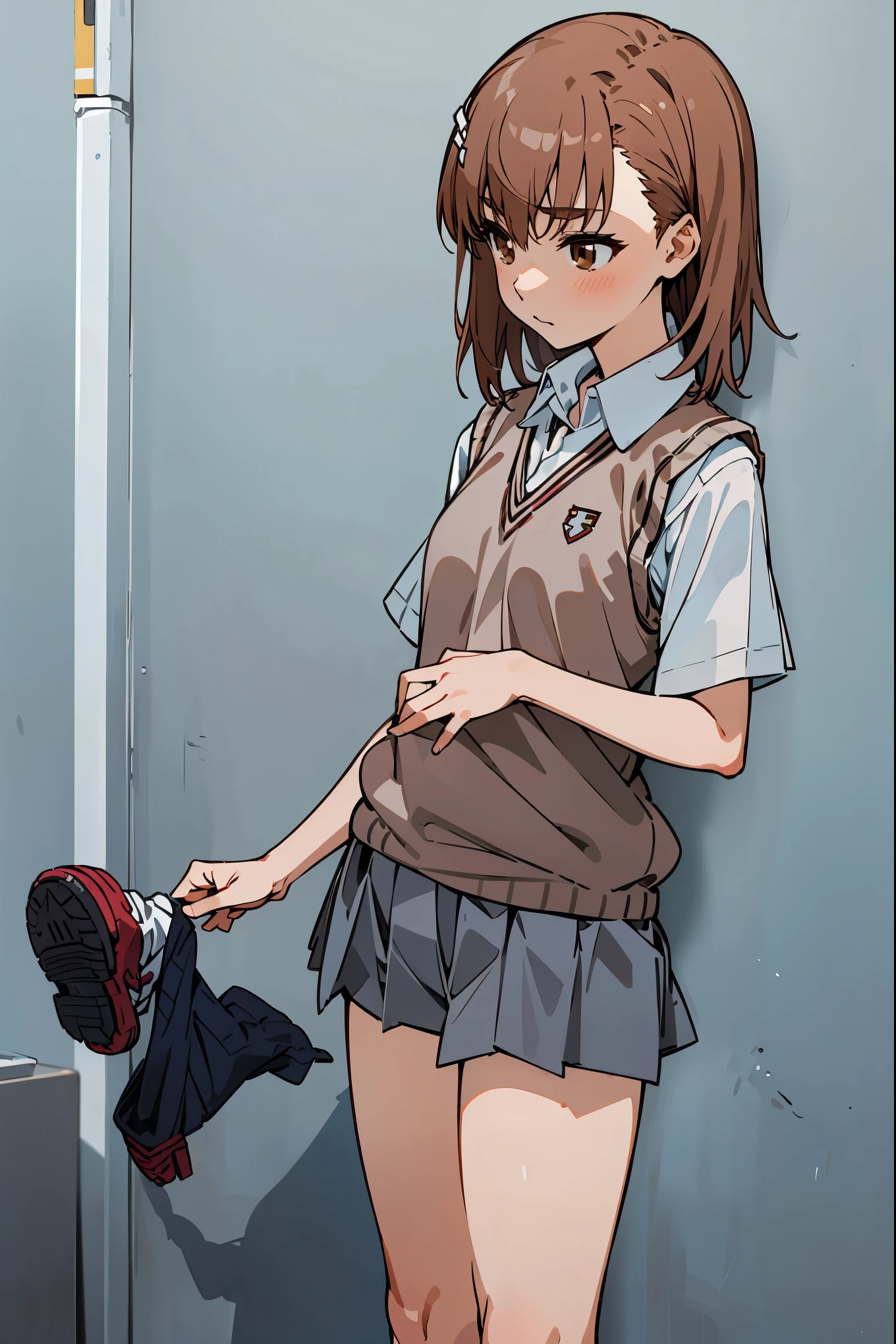 masterpiece,beste Quality, Misaka_mikoto,solo, brown eyes, Short_Hair, Small_Breast, cowboy shot,shoot from front,Student uniforms, tokiwadai_School_uniform, white shirt, Sweater Vest, Gray miniskirt, , White loose socks, shoes, standing、