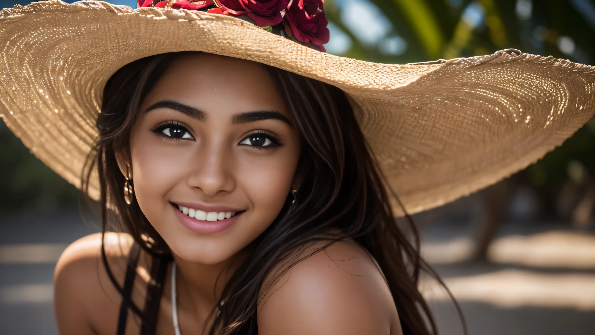 Beautiful mexican woman, 18 years old, portrait photo, close-up of face, smiling seductively, (skin texture:1.1), (high detail face:1.1),high detail body, high detail clotheasterpiece), (realistic), ultra high definition, 4k, ultra high resolution, film grain, cinematic lighting, rim lighting, photo by Mark Mann, RAW image