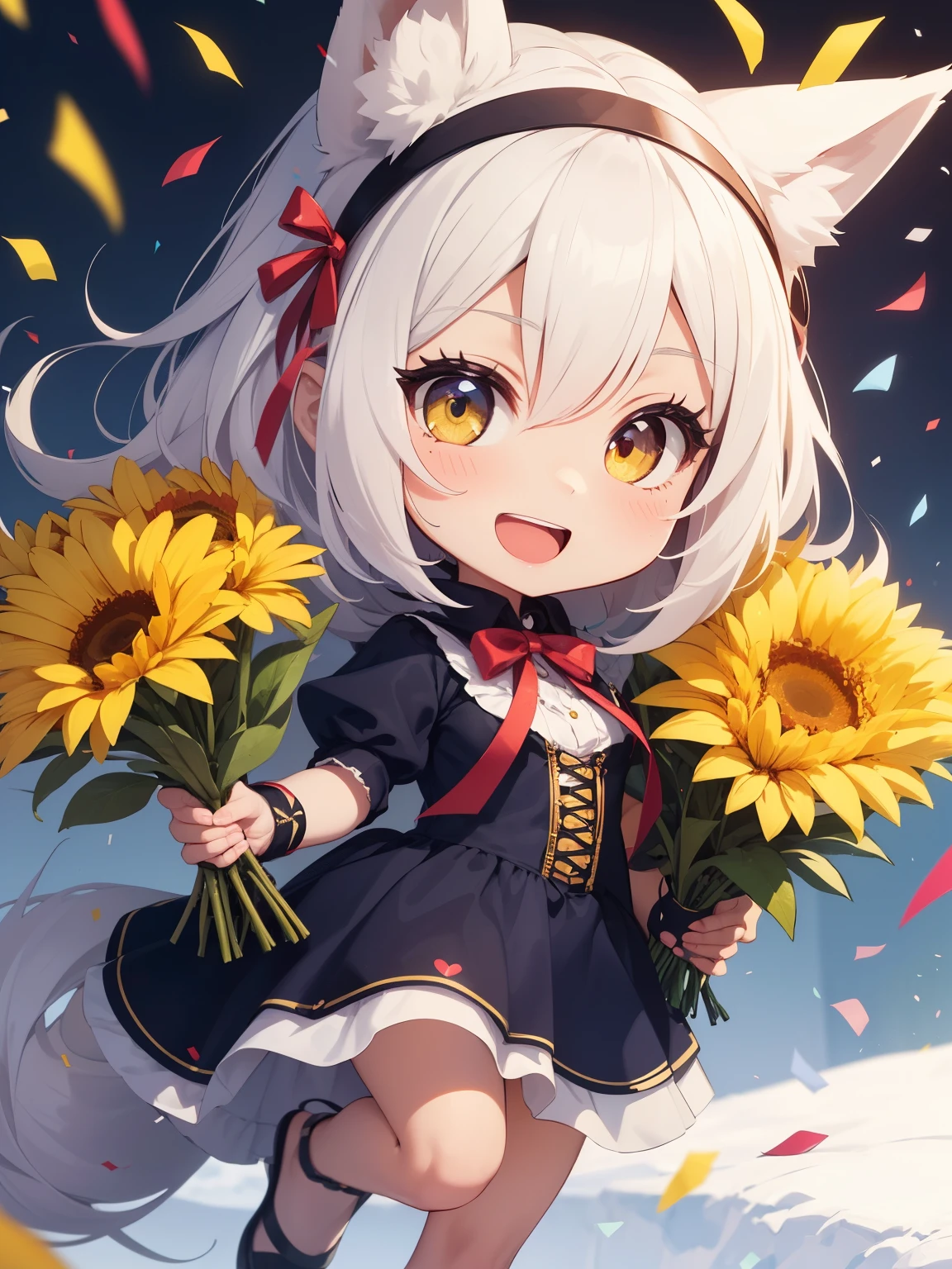 (best quality, 4k, 8k, highres, masterpiece:1.2), 1girl, ultra-detailed, detailed face, detailed lips and eyes, expressive face, 1girl, anime style, (chibi:1.7),
BREAK,
BLARKY beautiful caucasian woman with long straight white hair, (yellow eyes), fair skin, expressive face, attractive appearance, animal ear fluff, animal ears, bangs, blush, extra ears, yellow fox ears, fox girl, fox tail, hair between eyes, long hair,
BREAK
Puff-Sleeved Blue and Yellow Dress,
Create the iconic look with a puff-sleeved dress in royal blue and yellow,
BREAK
Red Ribbon Headband,
Adorn the hair with a red ribbon headband, reflecting Snow White's signature accessory,
Black Ballet Flats,
Complete the ensemble with black ballet flats for a timeless and elegant appearance,
BREAK
happy, smiling, open mouth, upper teeth, big smile, good smile,
BREAK
(young girl holds a bouquet of various different flowers in her hand:1.4),
(flower bouquet with a big red ribbon wrapped around it:1.4),
BREAK
(confetti falling, A very happy young woman holds a large bouquet in her hands, heart, flowers, beautiful background, fantastic:1.6),
(heart-shaped baloons with ribbons:1.4)