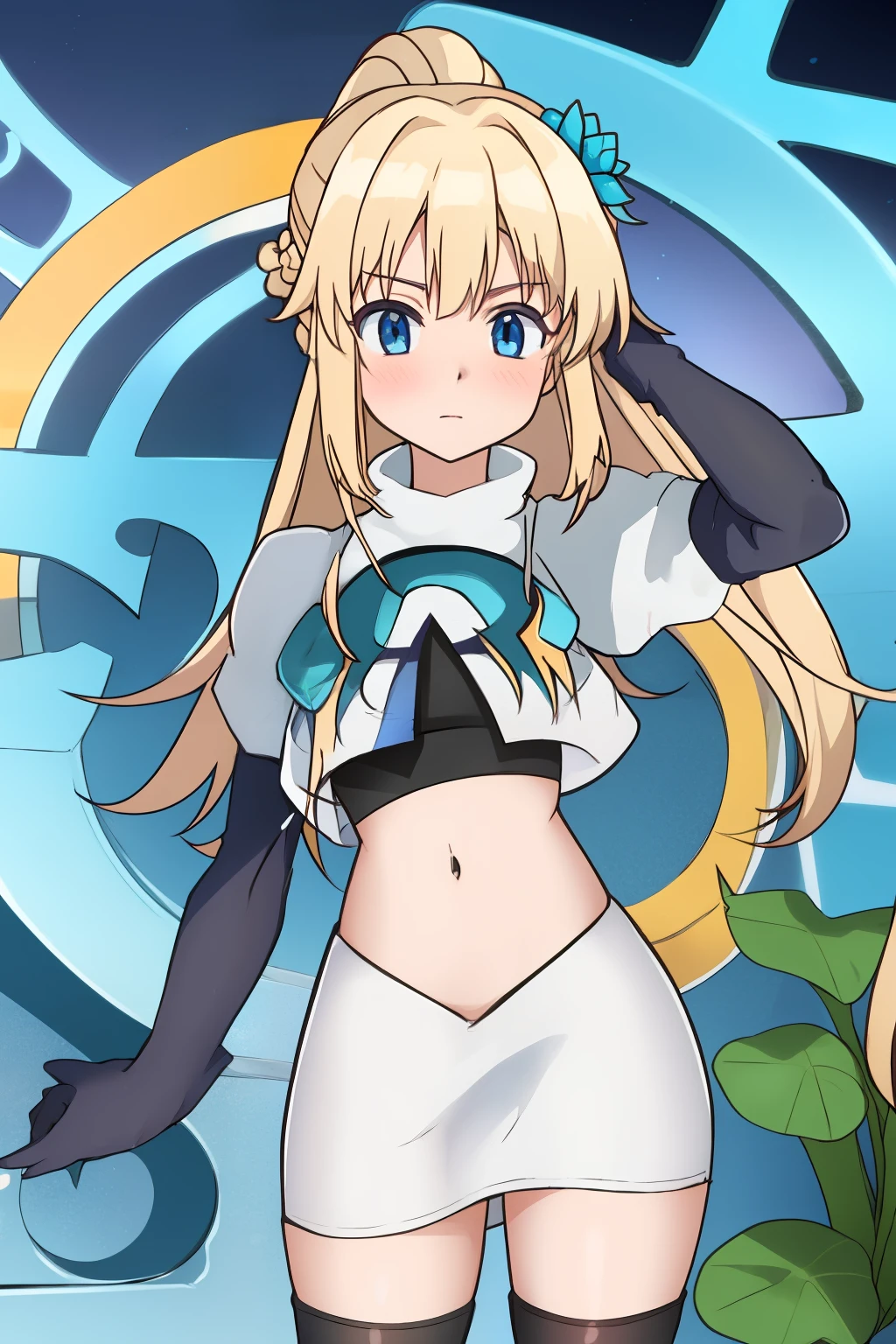 sora, anime art style, 1girl, solo, blush, bangs, blue_eyes, blonde_hair, hair_ornament, ponytail, braid, flower, hair_flower, blue_flower, team rocket,team rocket uniform, red letter R, white skirt,white crop top,black thigh-highs ,black elbow gloves