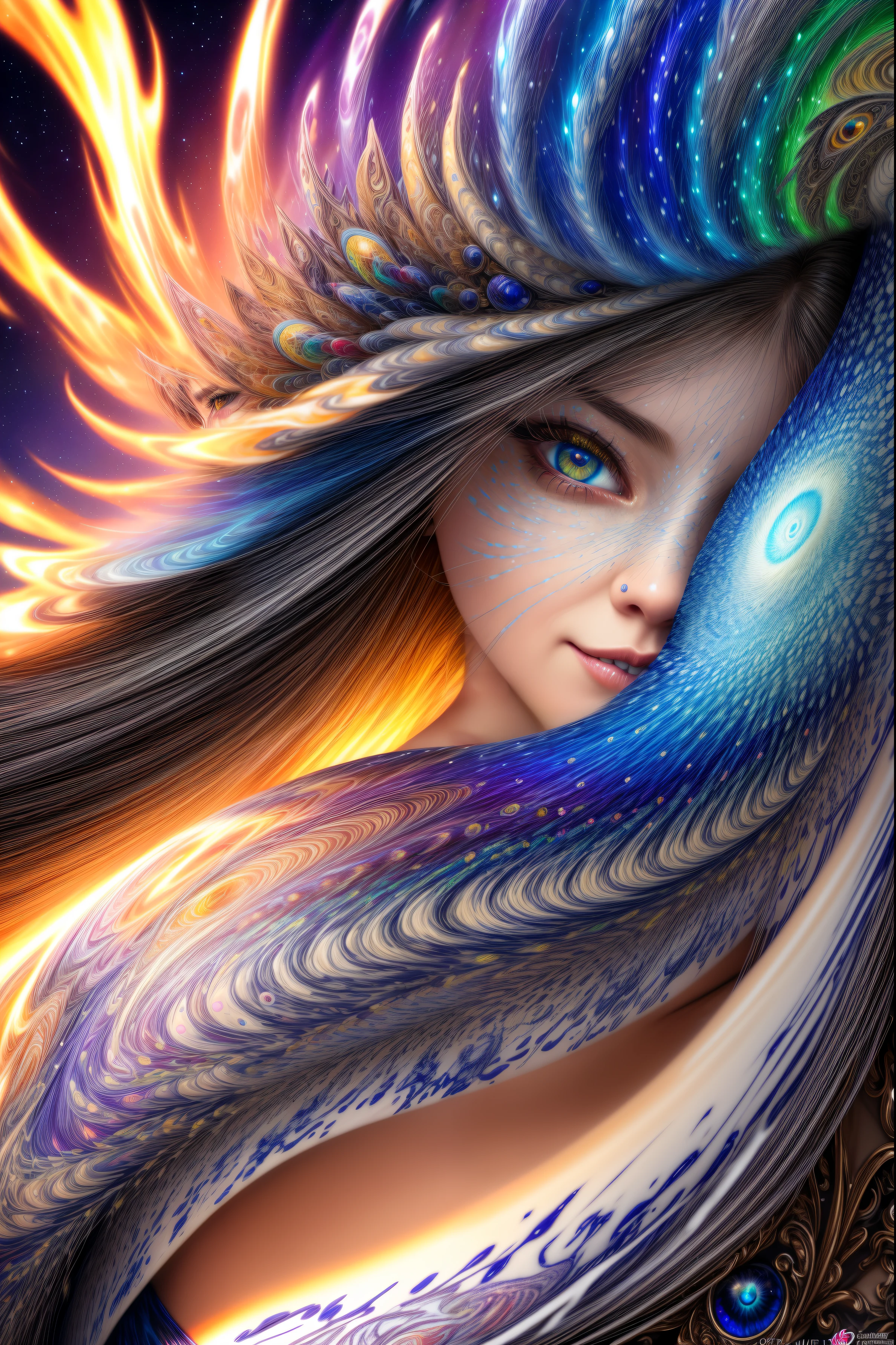 Capture the spirit of wind with liquid ink unfreezing into a whirlwind of pointilism, traversing a spectrum of multiple random colors, 4k concept art, extreme detail, intricate, luminescent glowing canvas, motion, dynamic, sharp glossy focus, create a perfect female face with intricate detail, ornate, best quality, masterpiece