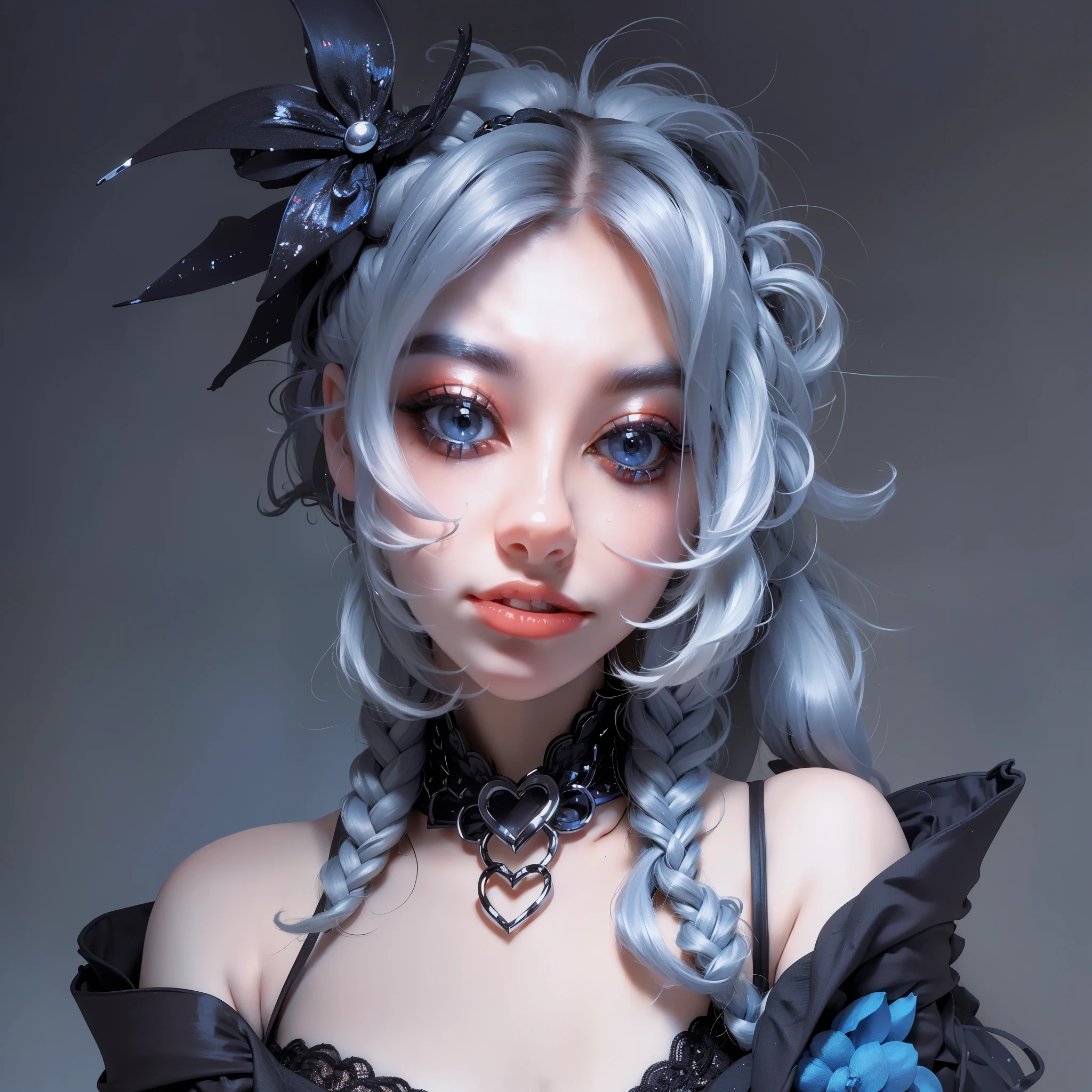 ((masterpiece)), ultra-realistic, portrait of a beautiful pale-skinned vampire with (black enamel), a deep dark makeup, bright blue eyes, in a dark and gloomy environment. (Prompt is in Portuguese)