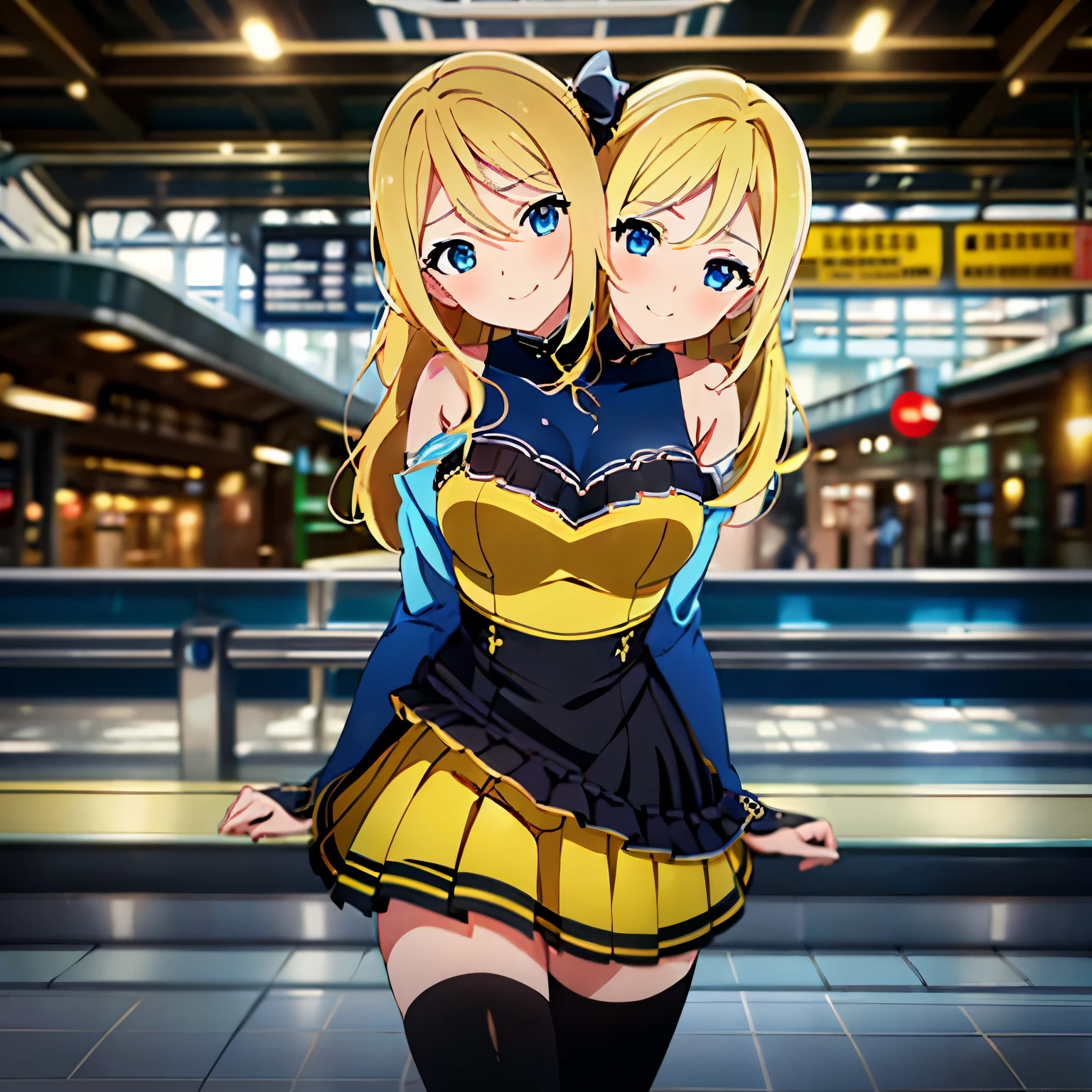 (masterpiece),(ultra-detailed), (high quality), (high resolution), (best quality:1.5, highres, UHD), highres, absurdo, ultra detail, ultra quality, Ultra resolution, 16k, ((2heads:1.5)), 1girl, ((anime girl with two heads)), (blonde hair) yellow blouse with blue jacket and a yellow skirt with pleats, fingerless black gloves, black suede shoes, (beautiful girl ), gentle smile, (blue eyes), cowboy shot, (British railway station)