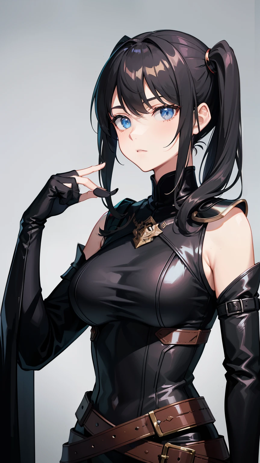 (high-quality, breathtaking),(expressive eyes, perfect face) portrait, 1girl, female, solo, adult, age 20, black hair, blue eye color, long hair length, looking at viewer, half body, calm expression, fantasy clothing, height 4"3, fantasy adventurer attire, rouge attire, thief profession, short height, black cloak, black jacket, black short sleeved shirt, long sleeved gauntlets, black shorts, silver trim, fantasy armor, shoulder pads, cute pigtails, pigtails hairstyle, leather armor, light tanned skin, C cup breast size, curly hair, slightly narrow eyes, mature face
