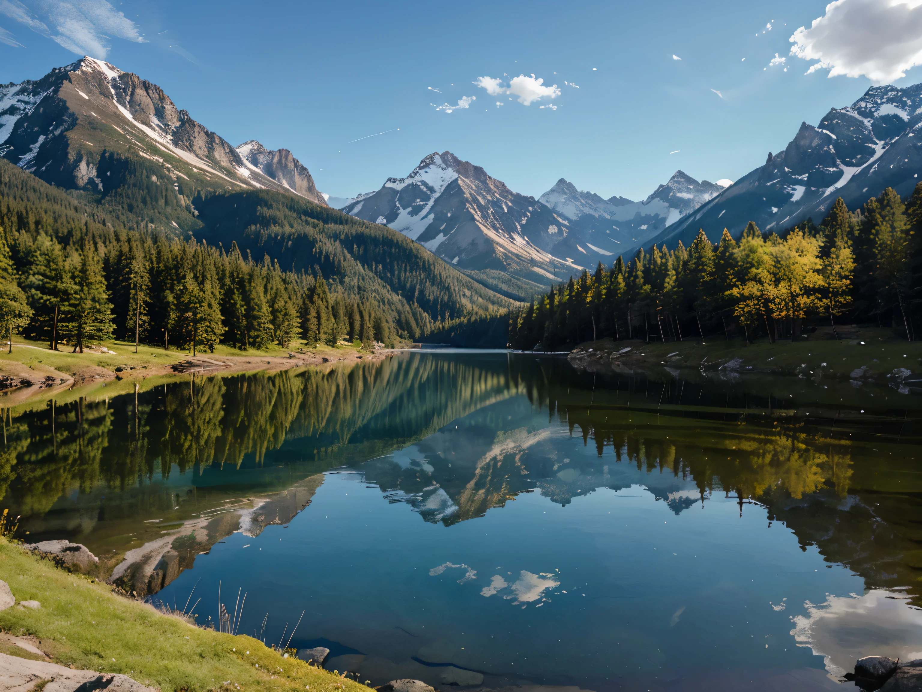 mountain lake: A tranquil body of water located in a mountainous area., Offers a peaceful environment and fresh air..
