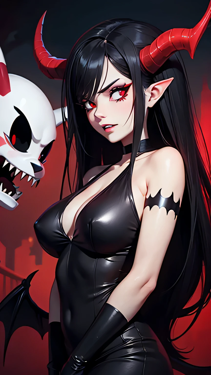 demon woman with long black hair, sharp teeth, glowing red eyes, bat wings on back, ram horns, hazbin hotel