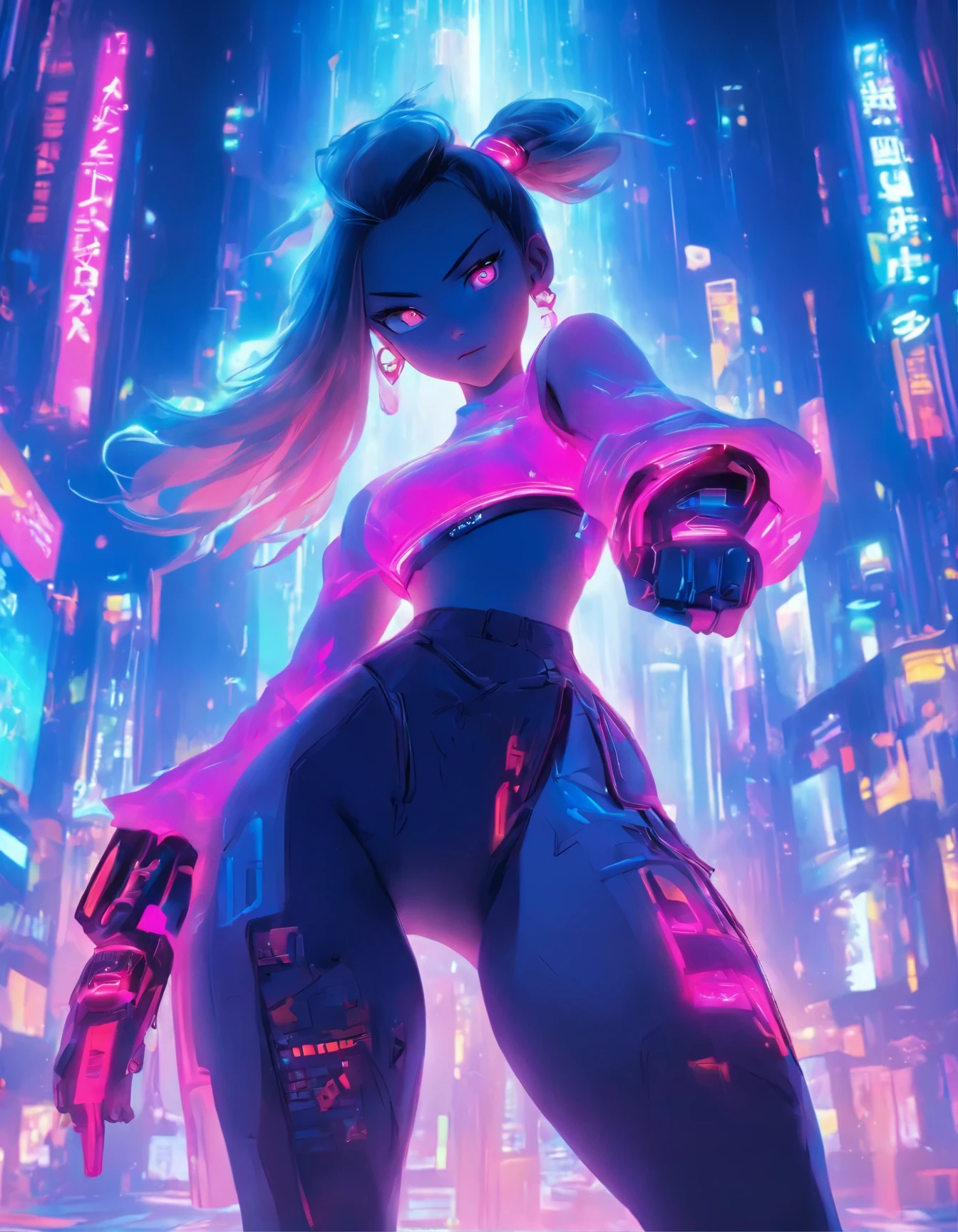 (best quality:1.3),(masterpiece:1.2),16k,level picture quality,future technology,1girl,A Chinese kung fu girl wearing a cyberpunk-style mecha costume,dynamic poses,(glowing electronic screen),(Electronic information flow:1.3),Holographic projection,(Glowing electronic screen on arm:1.2),whole body多线条光条,Luminous text on thigh,(girl pose:1.2),Glowing electronic shoes,whole body,Colored smoke,City blocks,skyscraper,neon lights,