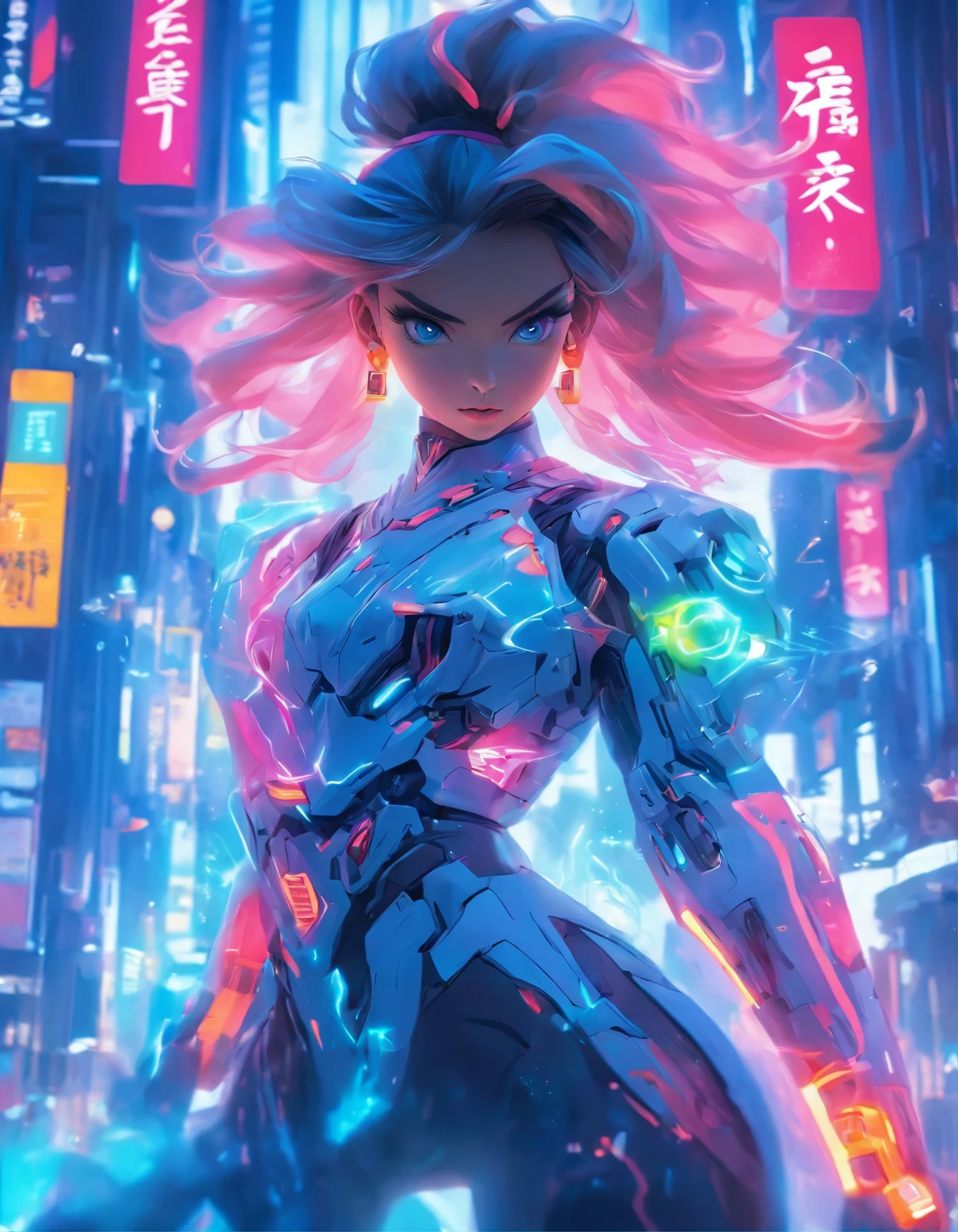 (best quality:1.3),(masterpiece:1.2),16k,level picture quality,future technology,1girl,A Chinese kung fu girl wearing a cyberpunk-style mecha costume,dynamic poses,(glowing electronic screen),(Electronic information flow:1.3),Holographic projection,(Glowing electronic screen on arm:1.2),whole body多线条光条,Luminous text on thigh,(girl pose:1.2),Glowing electronic shoes,whole body,Colored smoke,City blocks,skyscraper,neon lights,