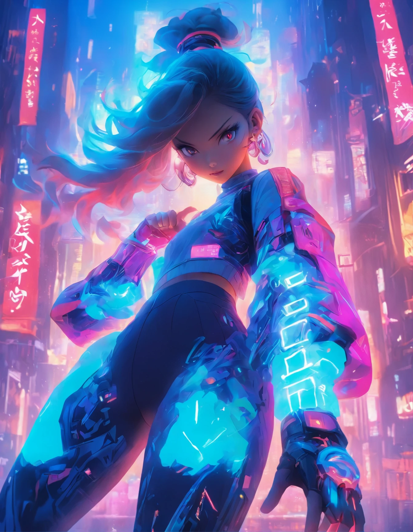 (best quality:1.3),(masterpiece:1.2),16k,level picture quality,future technology,1girl,A Chinese kung fu girl wearing a cyberpunk-style mecha costume,dynamic poses,(glowing electronic screen),(Electronic information flow:1.3),Holographic projection,(Glowing electronic screen on arm:1.2),whole body多线条光条,Luminous text on thigh,(girl pose:1.2),Glowing electronic shoes,whole body,Colored smoke,City blocks,skyscraper,neon lights,