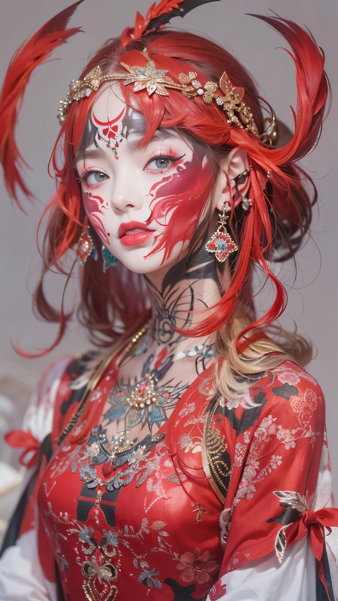 (masterpiece\_portrait, distinct, distinct\_image, highres, high\_resolution, high\_quality, high\_quality\_anime, super\_detail, hyper\_detail, ultra high definition, Super facial detail, face art, 알굴 make-up, pale face, red lips, forehead make-up, 눈 make-up, intricate pattern on face, 8k, 1\_person, face enlargement, Chinese makeup, Japanese anime makeover, exquisite make-up, art, art, painting on face, face art, Demon Slayer's Blade, Akaza, fixing your, Real people, realistic,