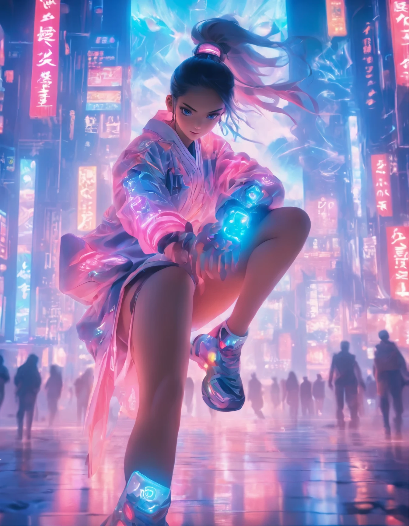 (best quality:1.3),(masterpiece:1.2),16k,level picture quality,future technology,1girl,A Chinese kung fu girl wearing a cyberpunk-style mecha costume,dynamic poses,(glowing electronic screen),(Electronic information flow:1.3),Holographic projection,(Glowing electronic screen on arm:1.2),whole body多线条光条,Luminous text on thigh,(girl pose:1.2),Glowing electronic shoes,whole body,Colored smoke,City blocks,skyscraper,neon lights,