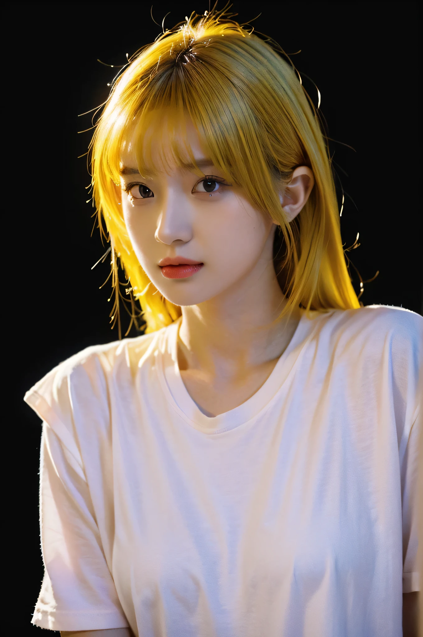 Best Quality,Masterpiece,Ultra High Resolution,(Realisticity:1.4),Original Photo,
1Girl,shadow,black background, Yellow hair, white shirt, pretty girl