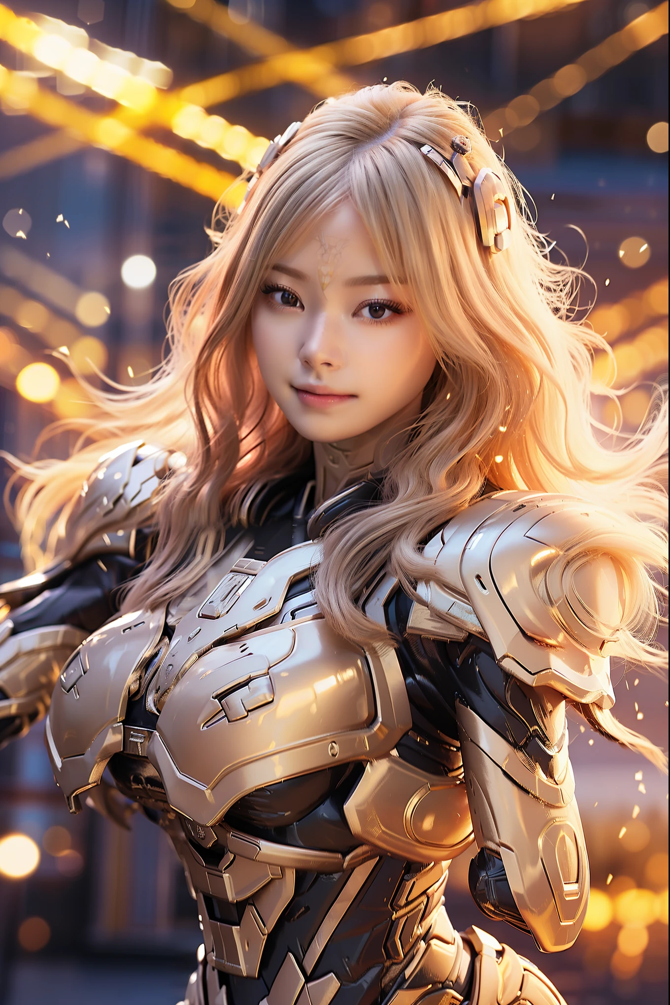 Cloudy background, flying in black and gold futuristic armor, 25 year old beautiful woman, Very long hair, blonde hair, Hyper realistic, 8K, Bokeh, beautiful smiling face huge breasts, floating towards the viewer,dynamic pose