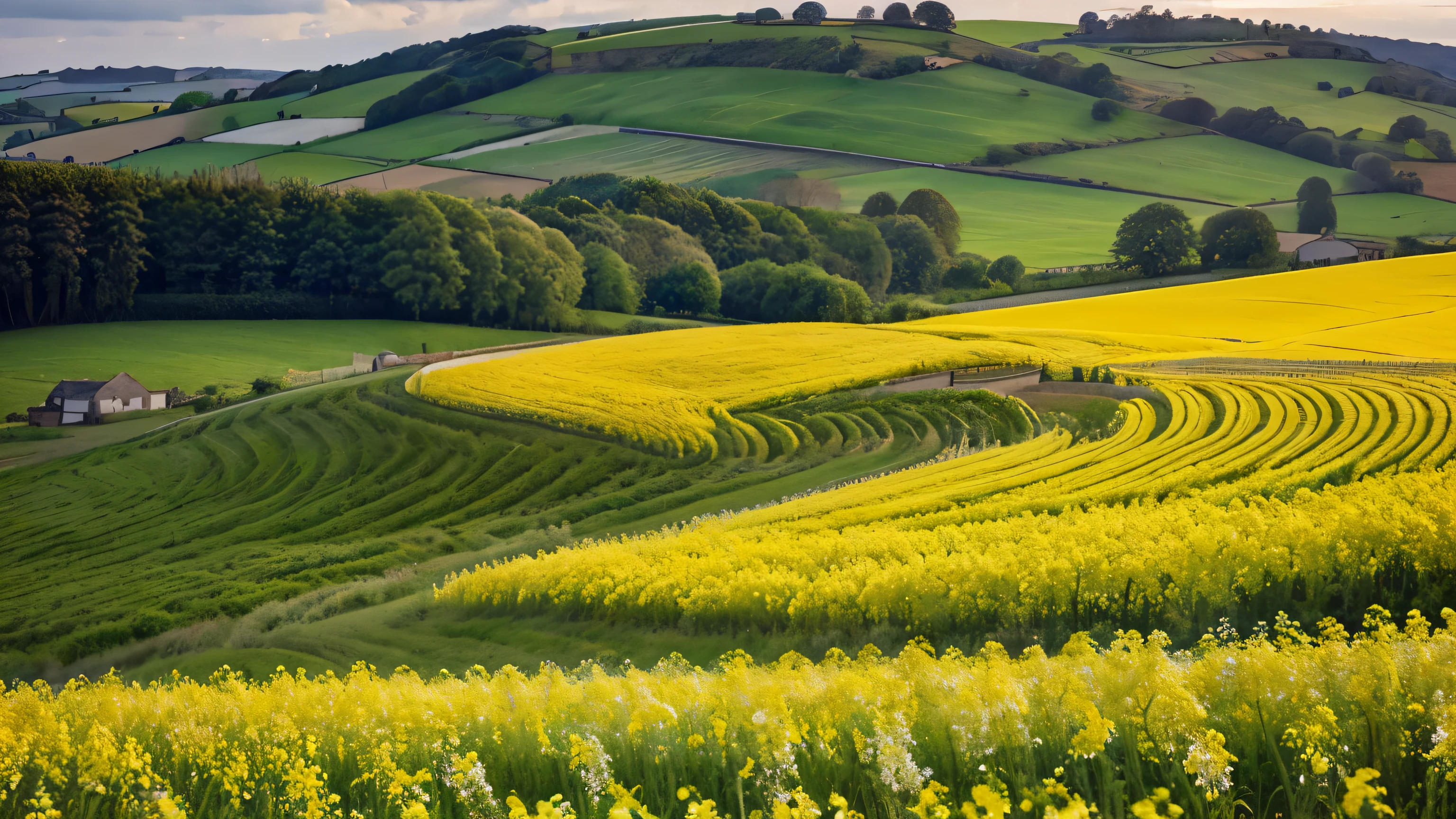 A tranquil rural landscape painted with rolling hills and fields of blooming rapeseed..