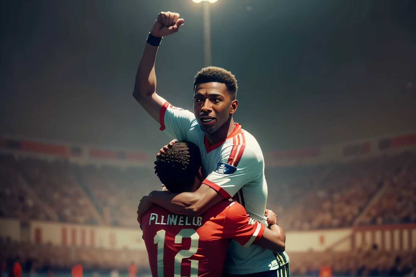 King Pelé football player/soccer hugging celebrating a goal